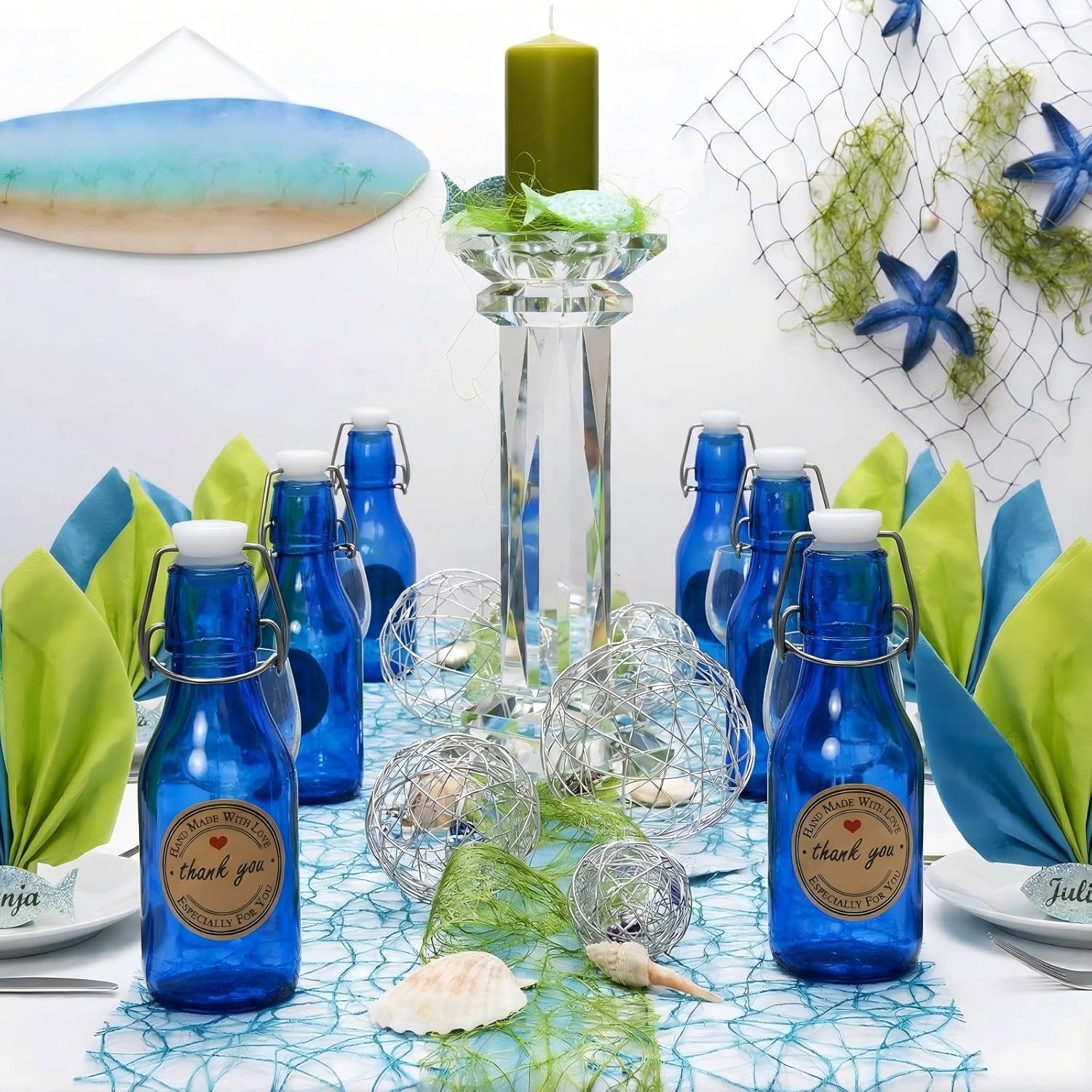 Queekay 20 Pack Mini Glass Bottles with Swing Top Lids, Airtight Flip Top Bottles for Vanilla Extract, Homemade Gifts, Party Favors(Blue,4 oz)