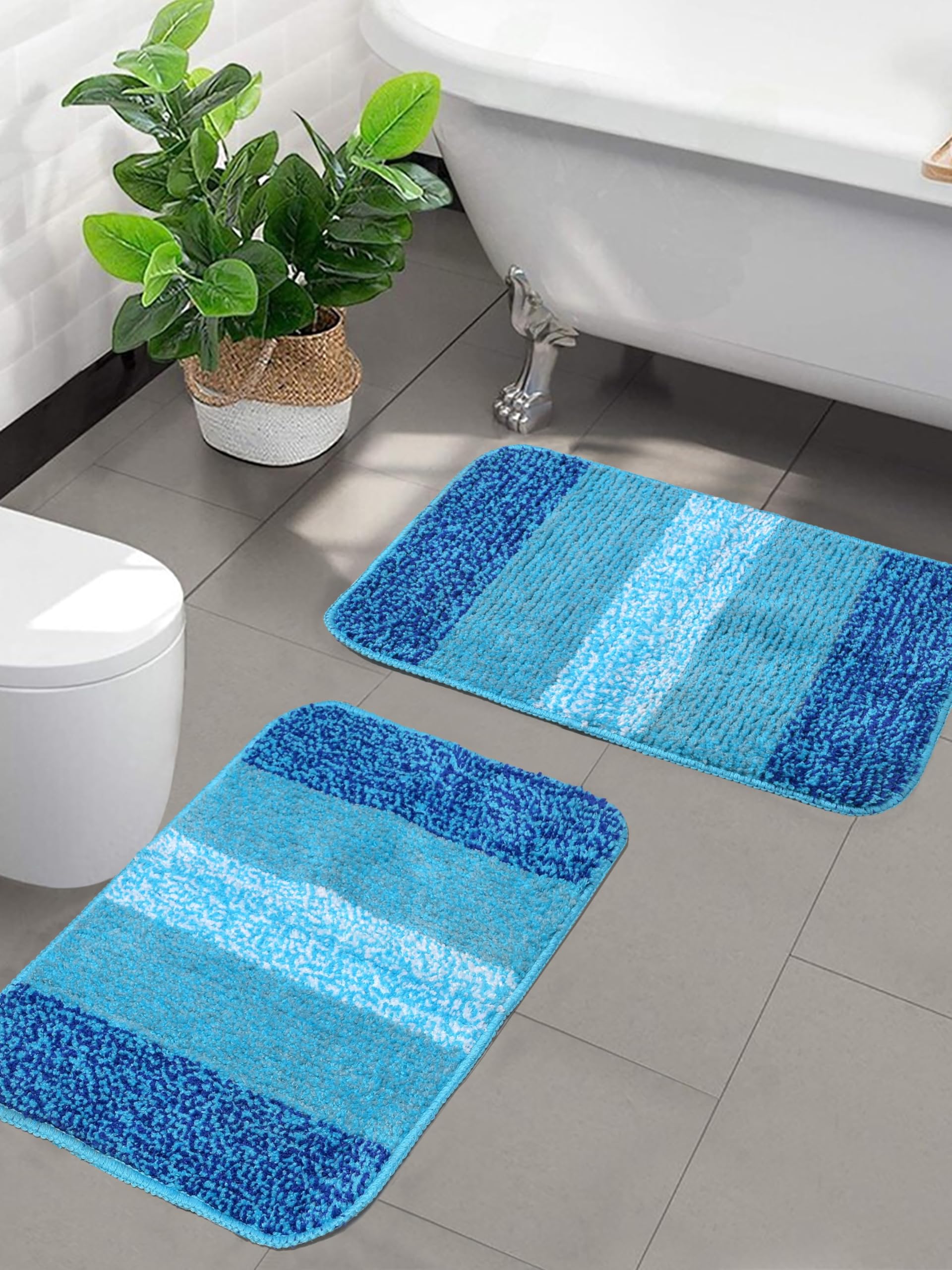 Saral Home Microfiber Striped Rectangle Shaped Anti-Skid Bath Mats | Soft & Super Absorbent Mats for Shower | Washable, Non-Slip & Quick-Drying Mats, 35x50 CM | Pack of 2 (Turquoise)