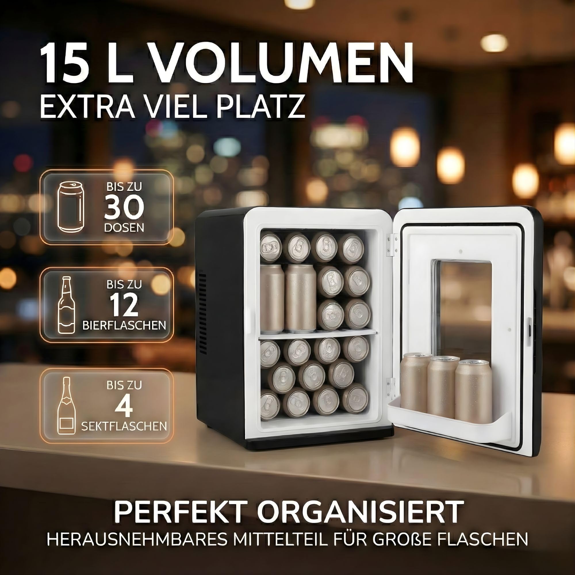 Sommertal KS15 Mini Kühlschrank, kühlen und wärmen, Volumen 15L, 230V für Zimmer Steckdose und 12V DC für Auto, Bierkühlschrank, Getränkekühlschrank, Minibar klein tragbar
