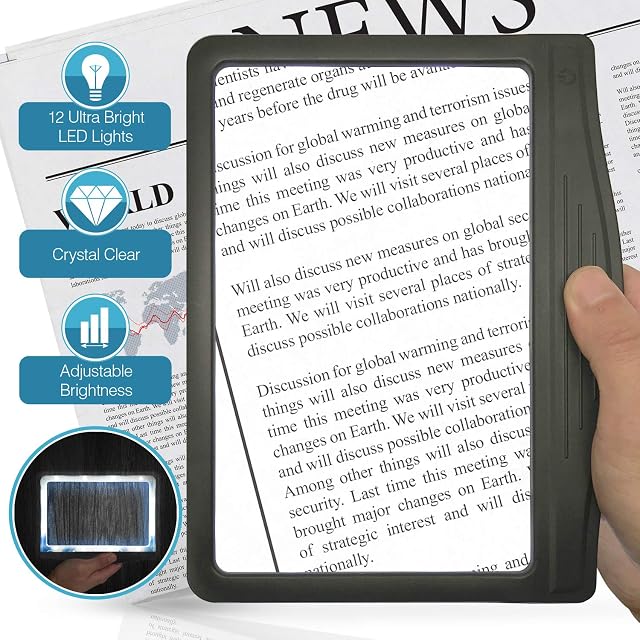 MagniPros 3X Large Ultra Bright LED Page Magnifier with 12 Anti-Glare Dimmable LEDs (Provide More Evenly Lit Viewing Area & Relieve Eye Strain)-Ideal for Reading Small Prints & Low Vision & Aging Eyes