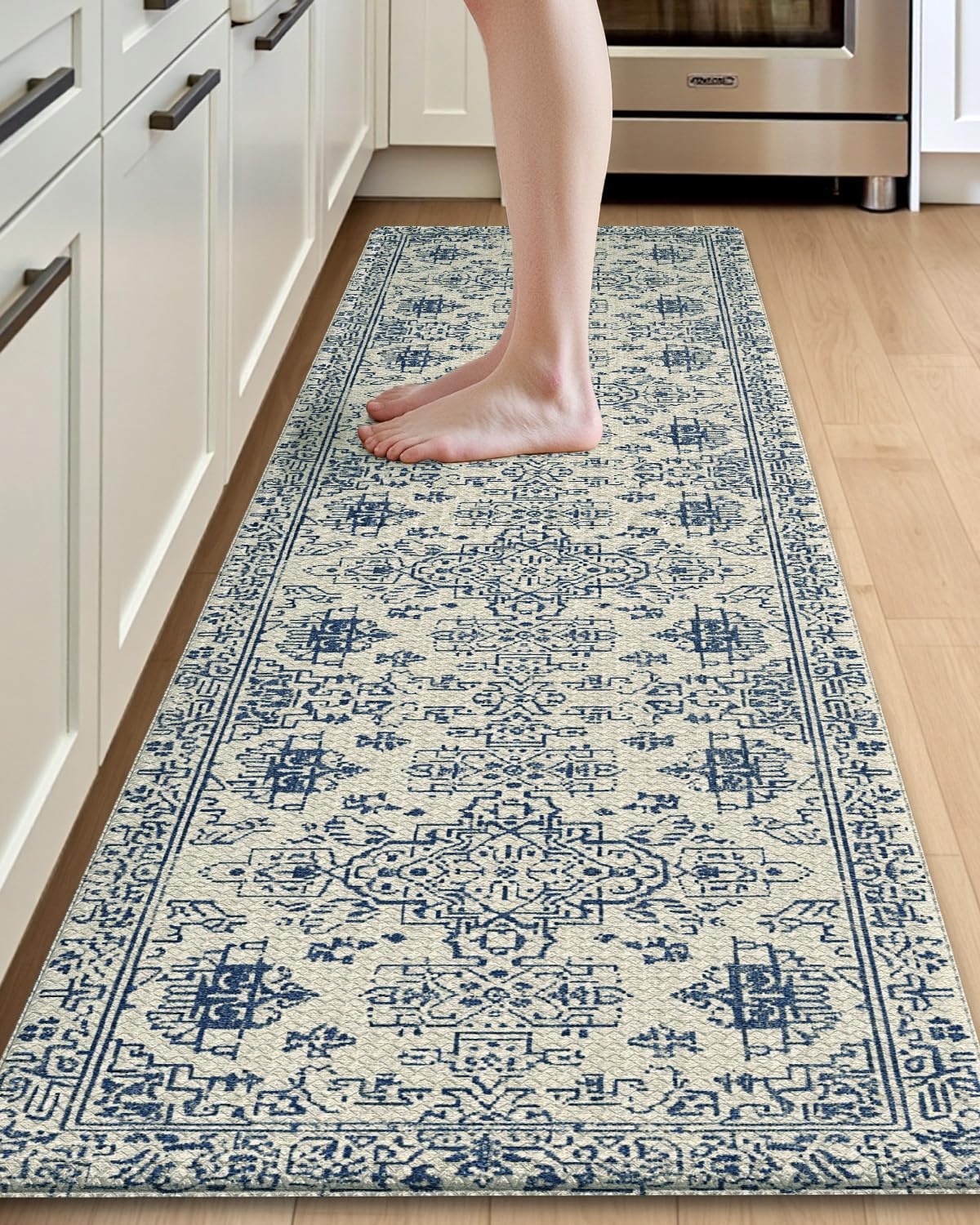 DEXI Kitchen Mats for Floor Cushioned, 23x86 Extra Large Long Runner Rug Non Slip, Waterproof Soft Comfort Standing Padded Anti Fatigue Decorative, Blue White
