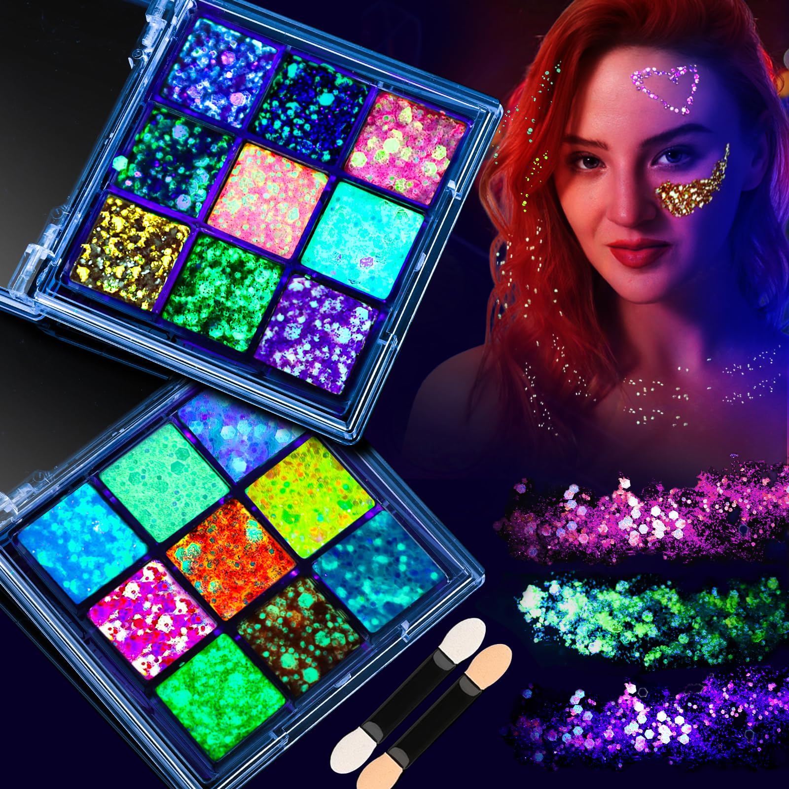 Photo 1 of FANDAMEI Glow in The Dark Glitter, 2 Glitter Gel Palette 18 Grids Face Body Hair Glitter for Glow in The Dark Glitter Makeup, Face Glitter for Kids Women for Halloween Rave Concert Face Paint