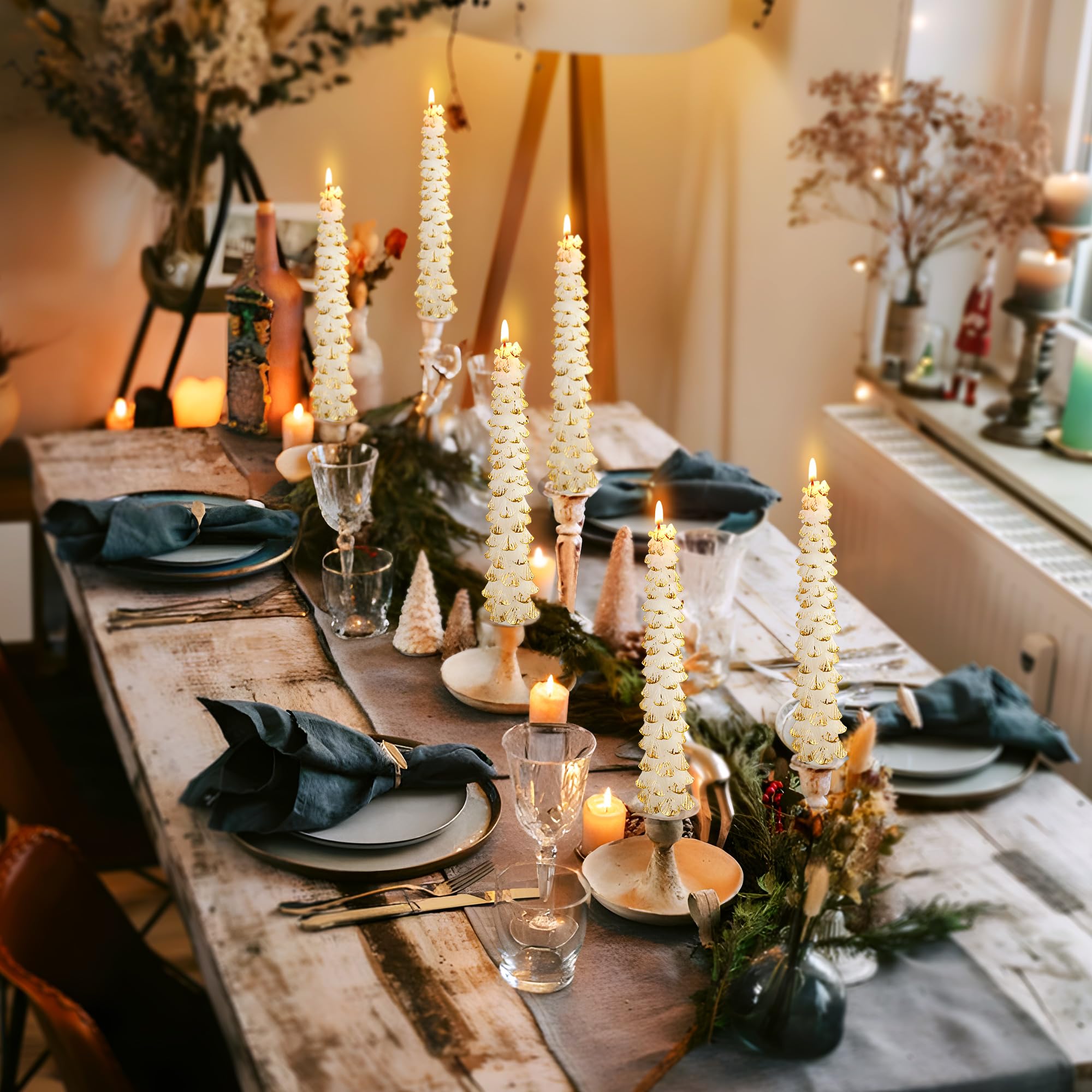 Lot de 8 bougies en cire d'abeille non parfumées en forme d'arbre de Noël de 25,4 cm pour décoration de Noël, fête, banquet, centre de table (blanc avec bordure dorée)