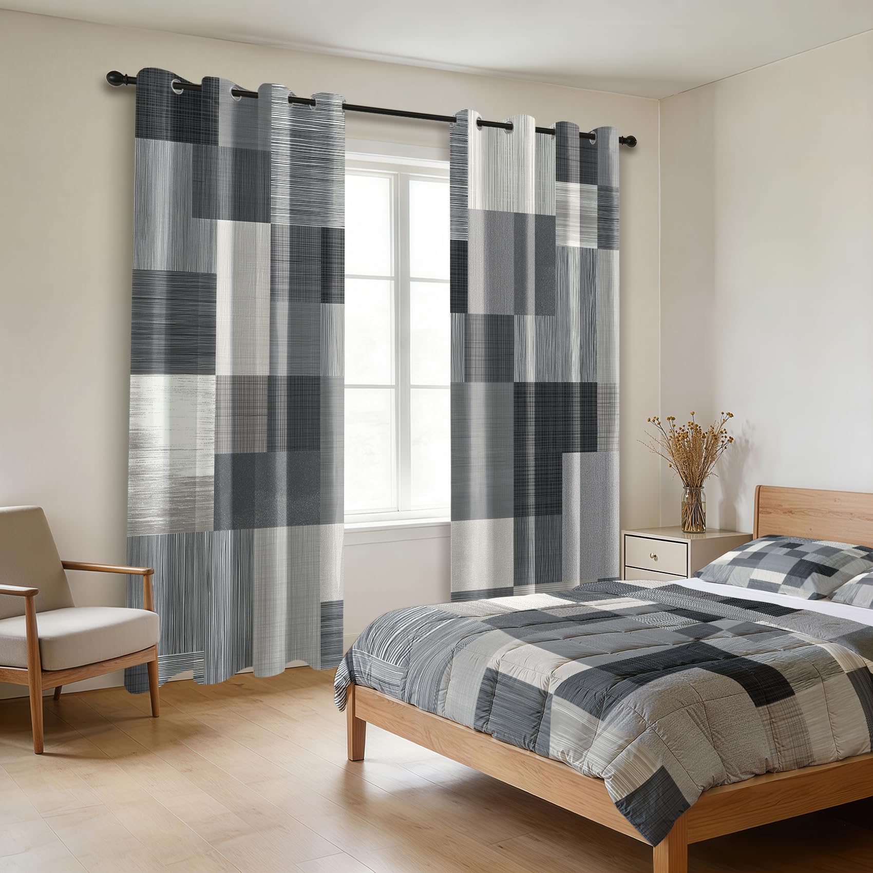 Mistela Graue Vorhänge, moderner geometrischer Schlafzimmervorhang, Ösen, Verdunkelung, wärmeisoliert, kleine Fenstervorhänge für Wohnzimmer, B 46 x T 72 cm, 2 Paneele, minimalistische