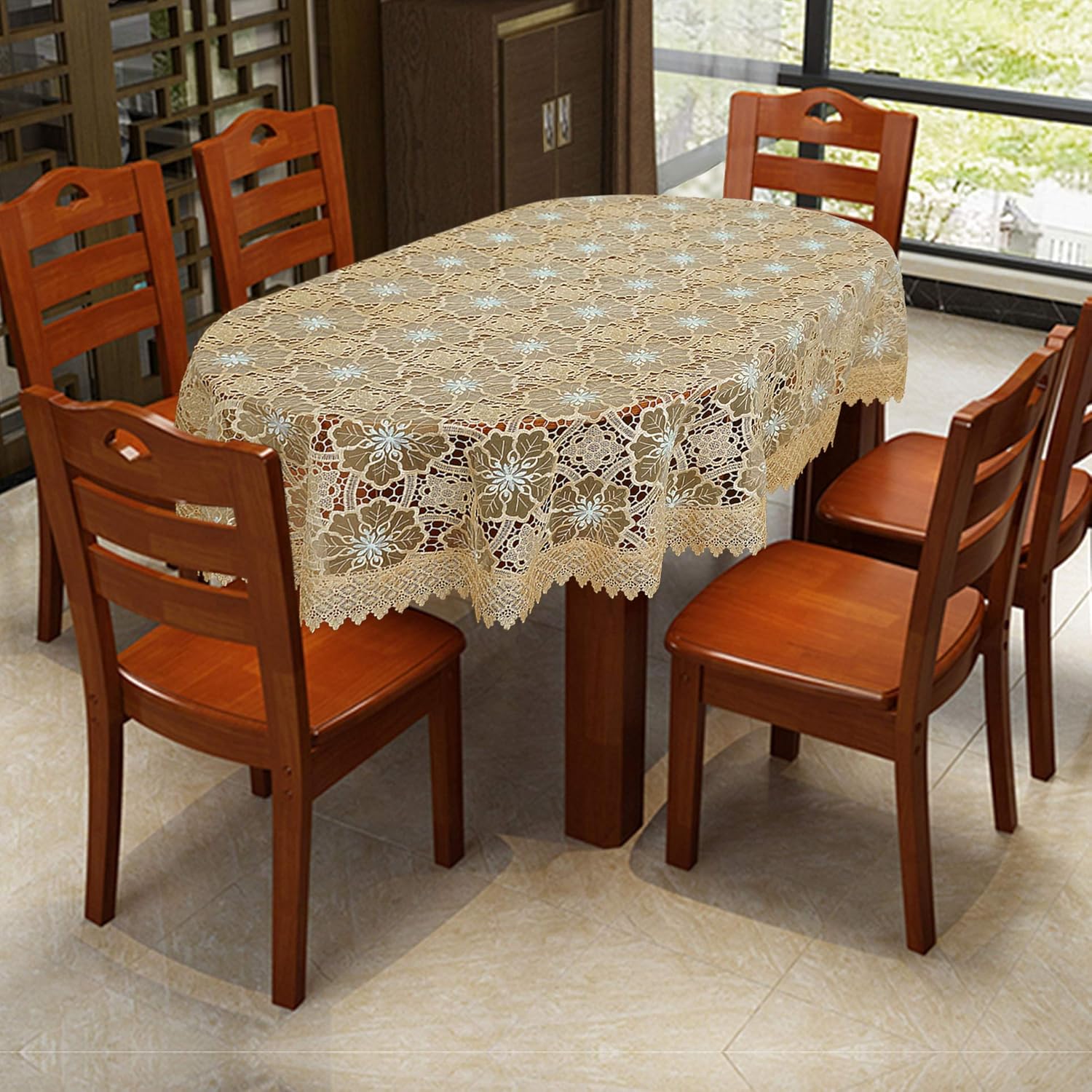 Gеt Chеар Prісе Simhomsen Beige Embroidered Lace Tablecloth for Dining Table 60 × 102 Inch Oval