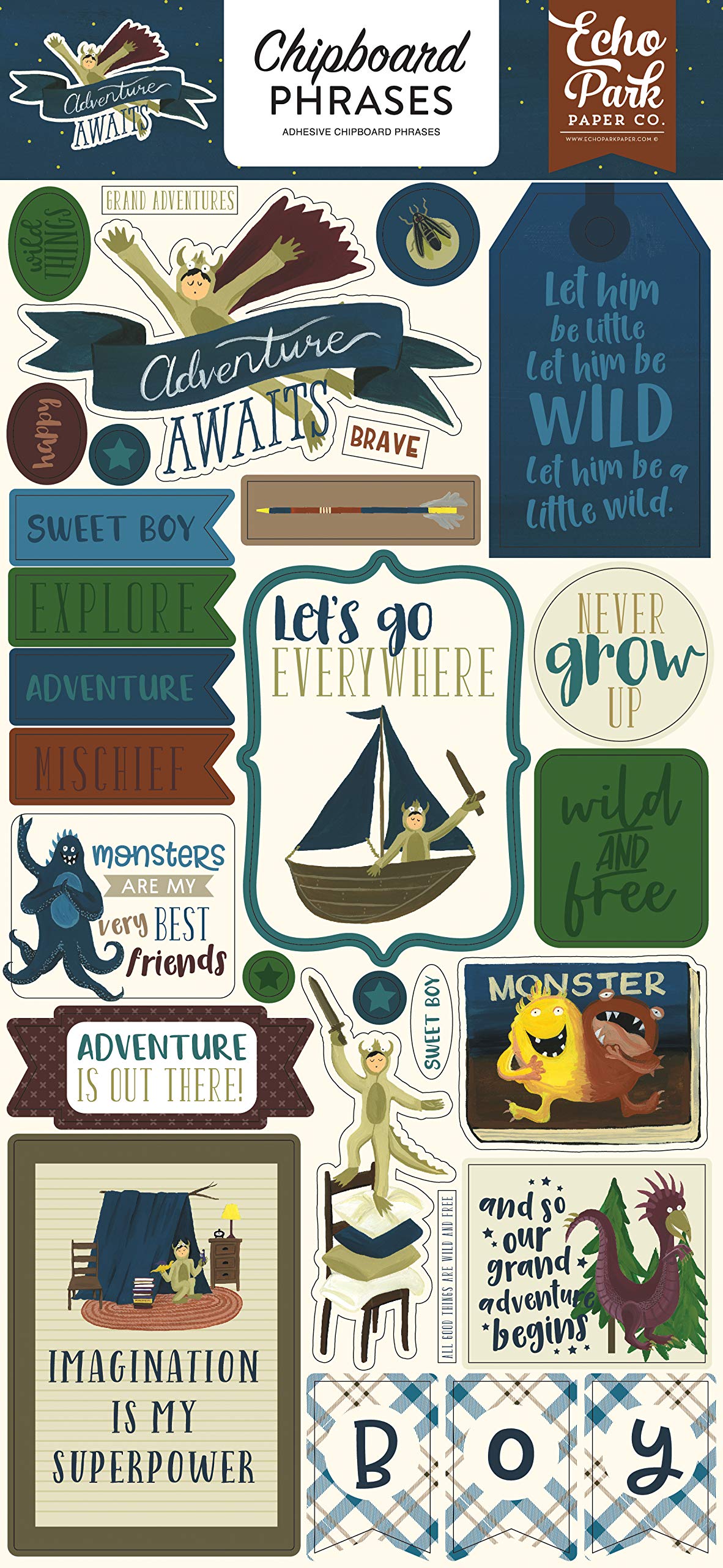 Echo Park Paper Company Adventure Awaits 6x12 Phrases chipboard, 6-x-12-Inch, Blue/Green/Tan/Red/Gold