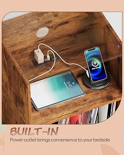 Miniatura 4 de Mesita de noche, moderna mesita de noche de mediados de siglo con almacenamiento y estante de madera abierto, mesa auxiliar pequeña con patas de