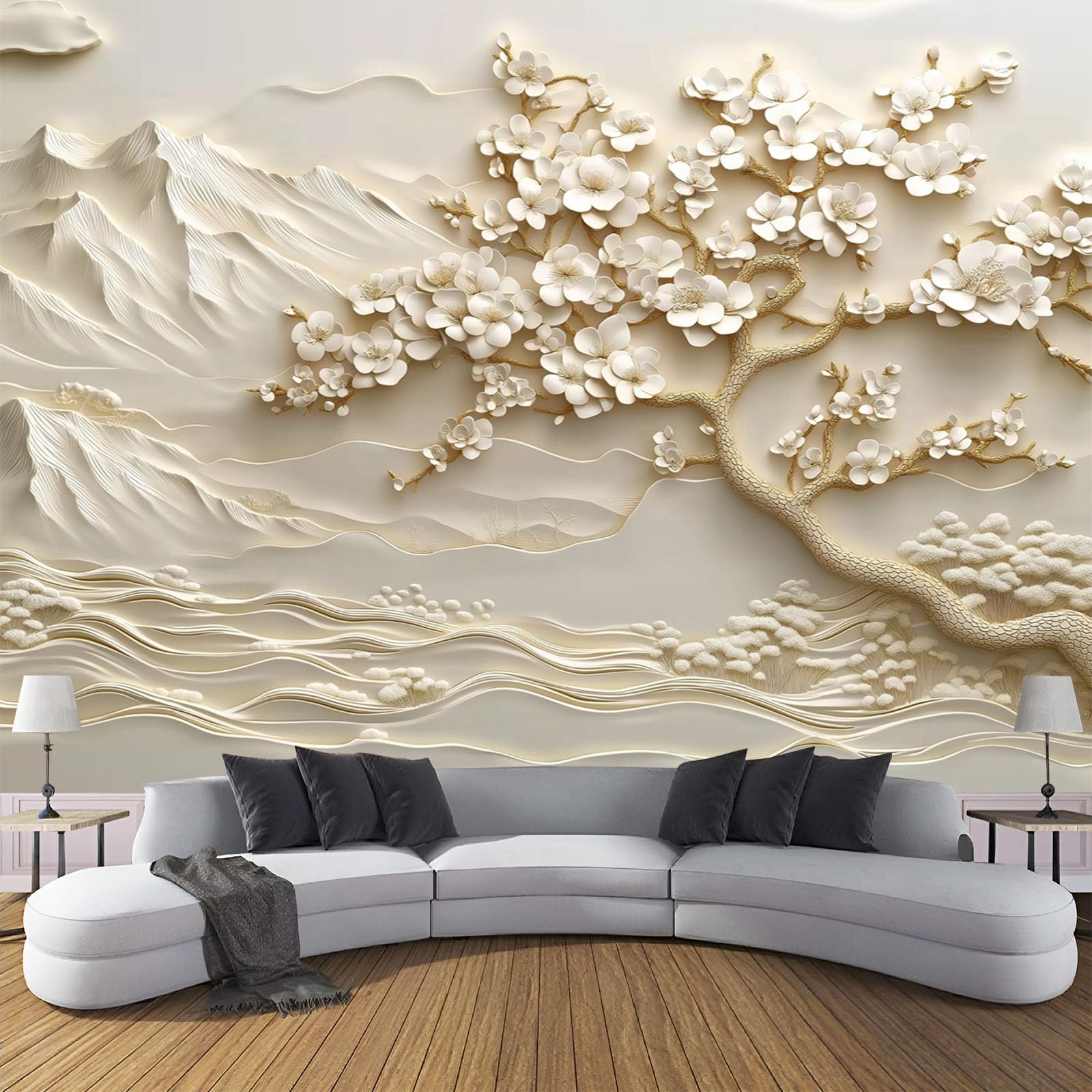 Carta Da Parati 3D Effetto, Moda XXL Design Piante Classiche Fiori Bianchi Fotomurali in TNT Rilievo Montagne Fotomurale Beige Moderna Decorazione da Parete per Camera da Letto Soggiorno 430×300cm