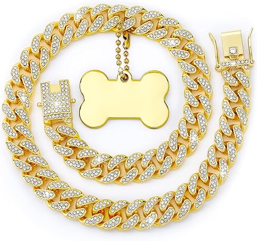 Collar de cadena para perro de 16 pulgadas collar de eslabones cubanos de diamantes dorados para perro con purpurina de metal para caminar con