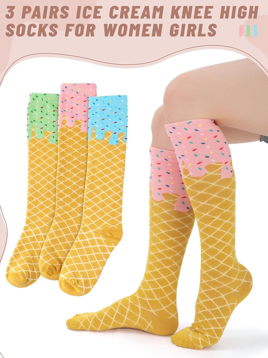 3 Pairs Ice Cream Drip Knee High Socks for Women Girls Funny Crazy Ice Cream Baseball Socks for Party Gifts - Image 2