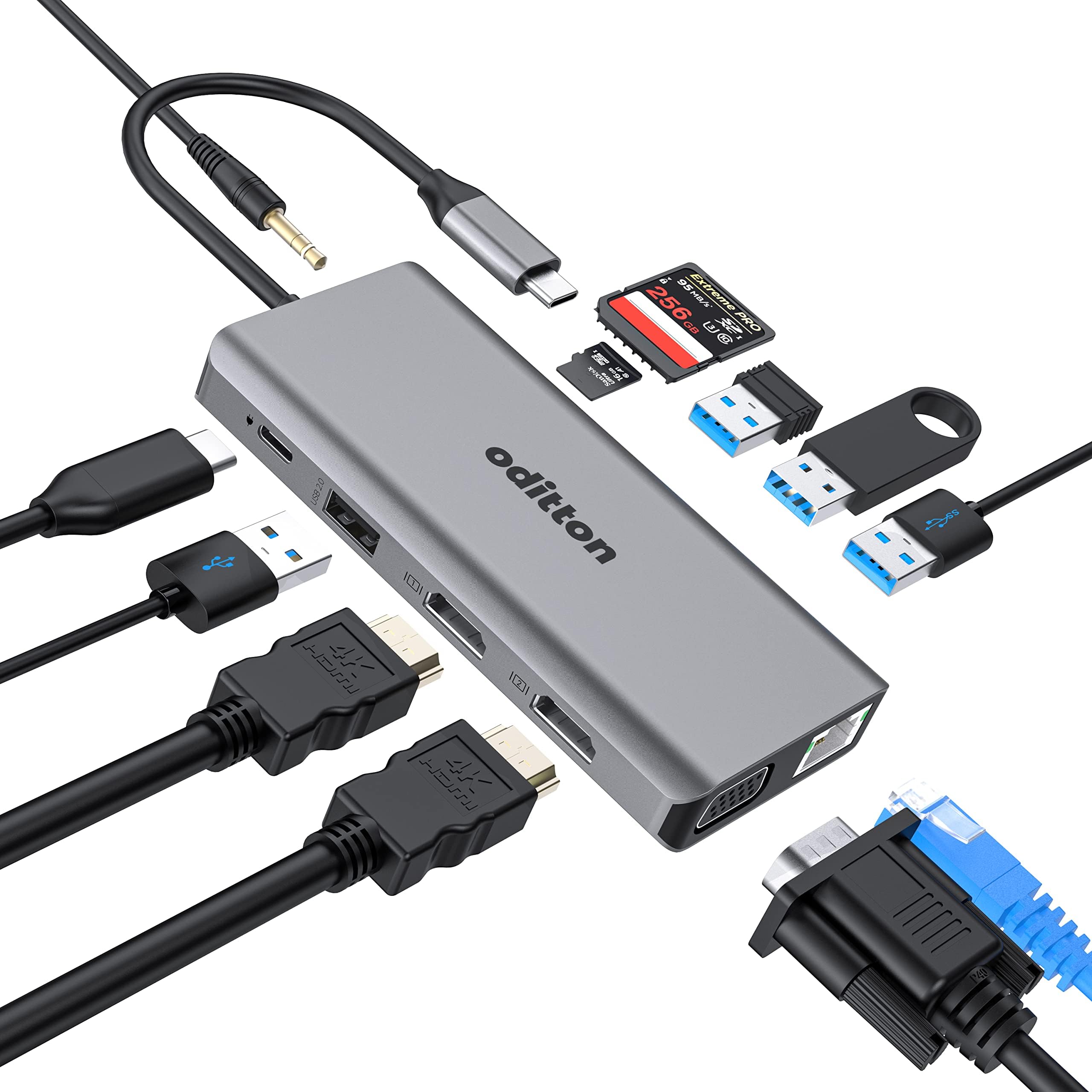 Hub USB C 12 w 1, adapter USB C z 4K HDMI x 2, 2 x USB 3.0, port Gigabit Ethernet, 2 x USB 2.0, 100 W PD, VGA, czytnikiem kart SD/TF, 3,5 mm Audio Jack USB C Dock kompatybilny z laptopem