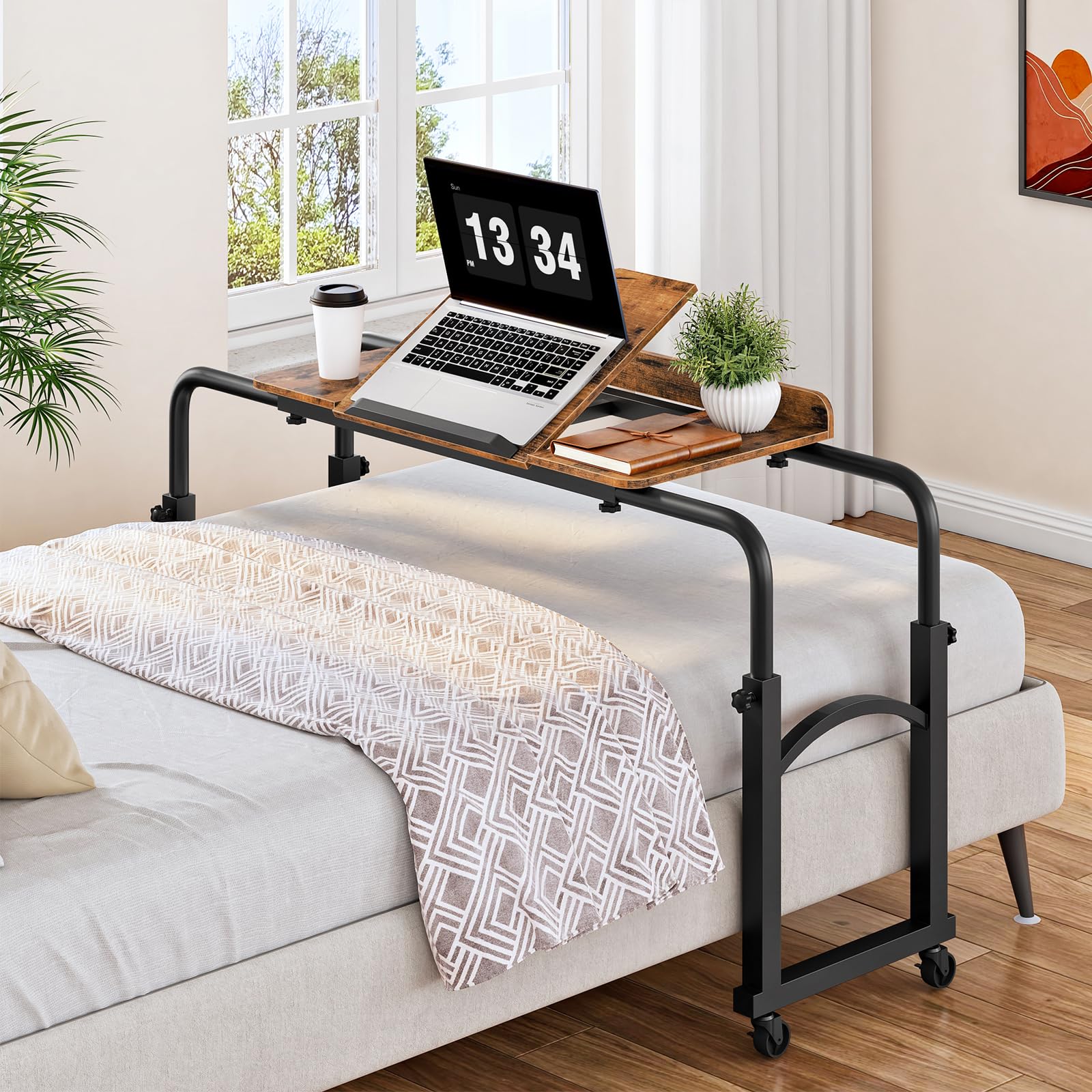 HOOBRO Mesa Auxiliar Móvil para Cama, con Longitud y Altura Ajustables, con Borde Frontal de Protección, para Sillón Individual, Cama Individual, Dormitorio y Oficina, Marrón Rústico y Negro EBF84DN01