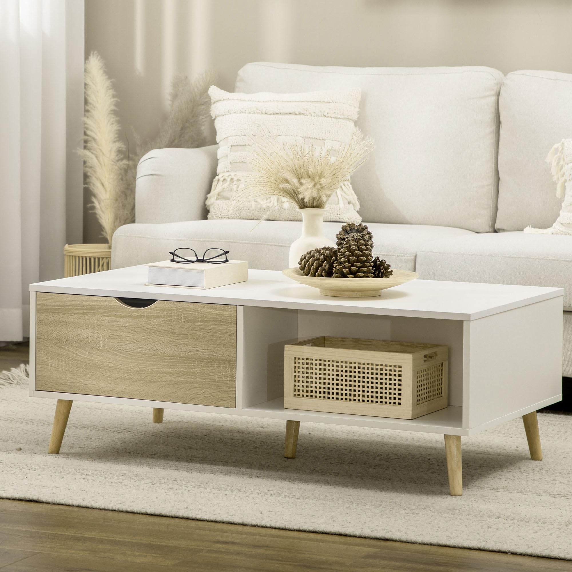 HOMCOM Mesa de Centro Mesa de Salón con 2 Cajones 106x58x39,5 cm Blanco