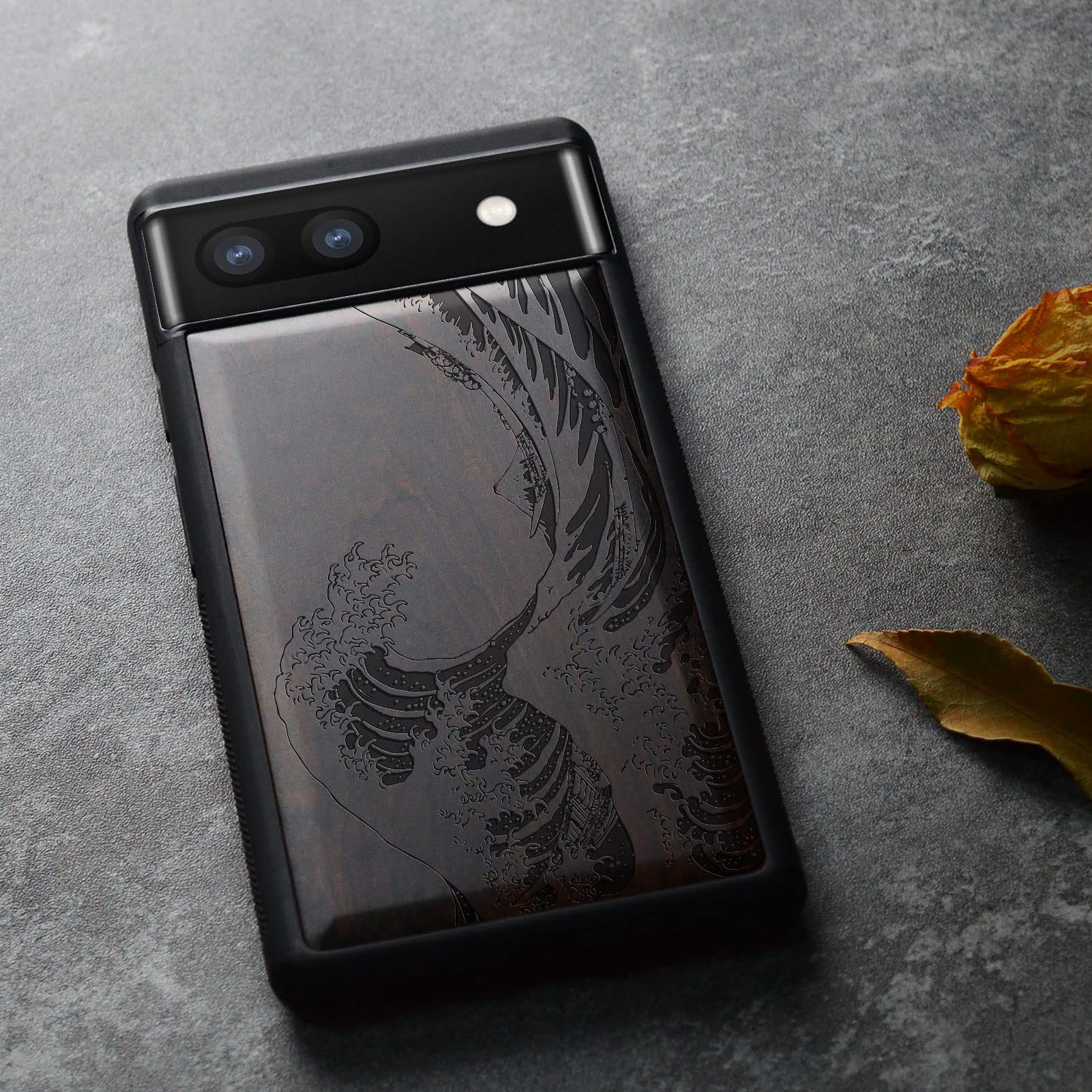 Carveit Custodia Compatibile con Google Pixel 6a Case Antiurto con Protezione in Legno Cover per Pixel 6a Custodia Paraurti Robusto TPU (Noce-Albero di stampa in lino