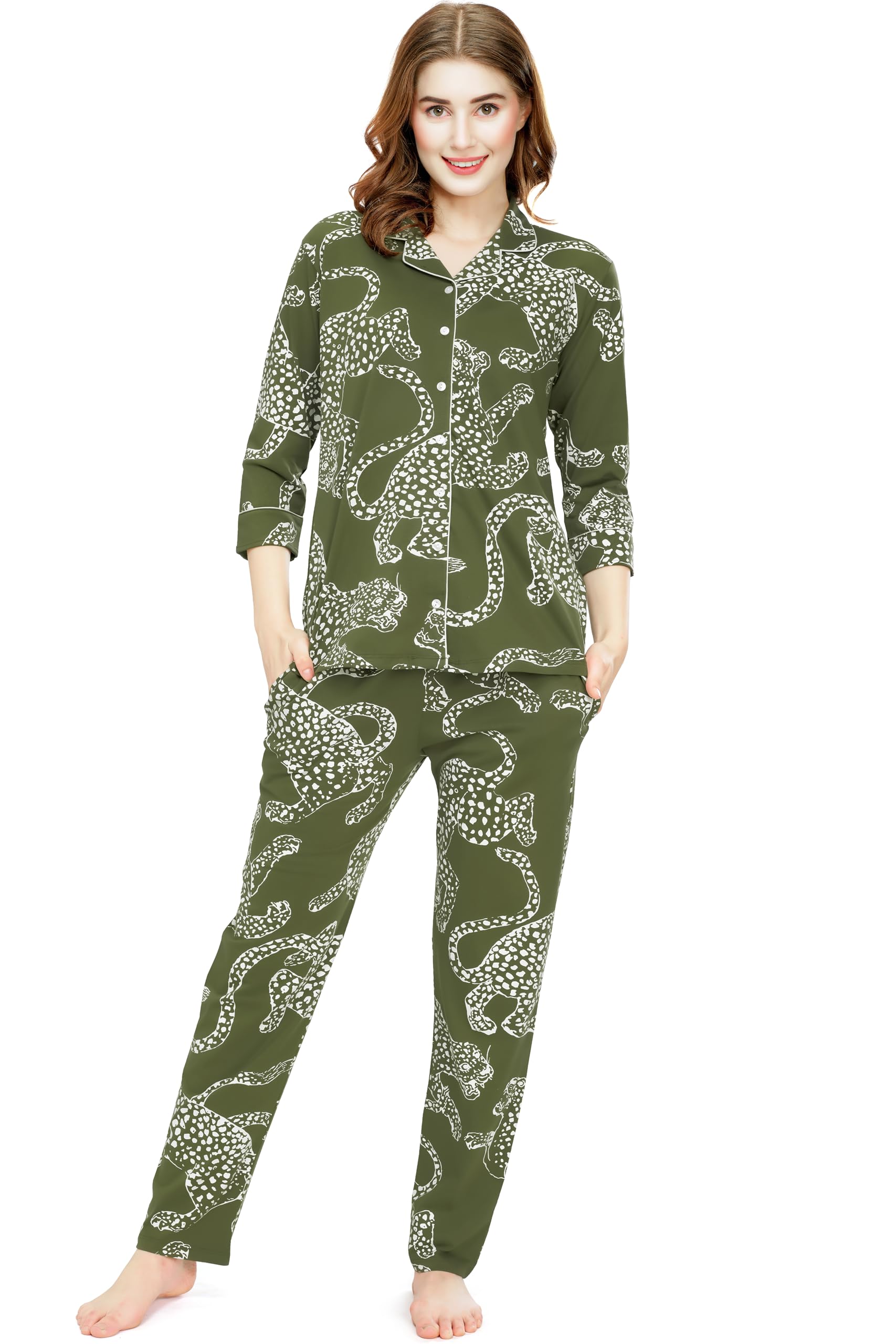zeyo Night Suit for Women's Leopard Printed Cotton Night Dress of Shirt and Pajama Set 5765-picture-30