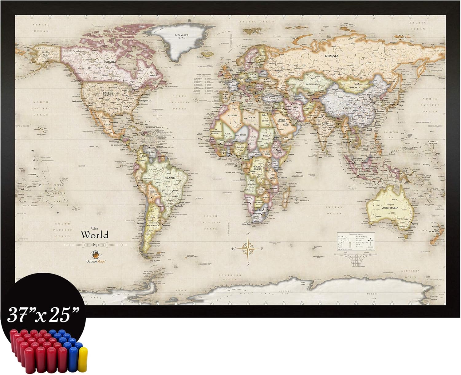 Home Magnetics Interactive World Map Art | Framed Magnetic Geographic Map | 30 Marker Pins Included (37x25)