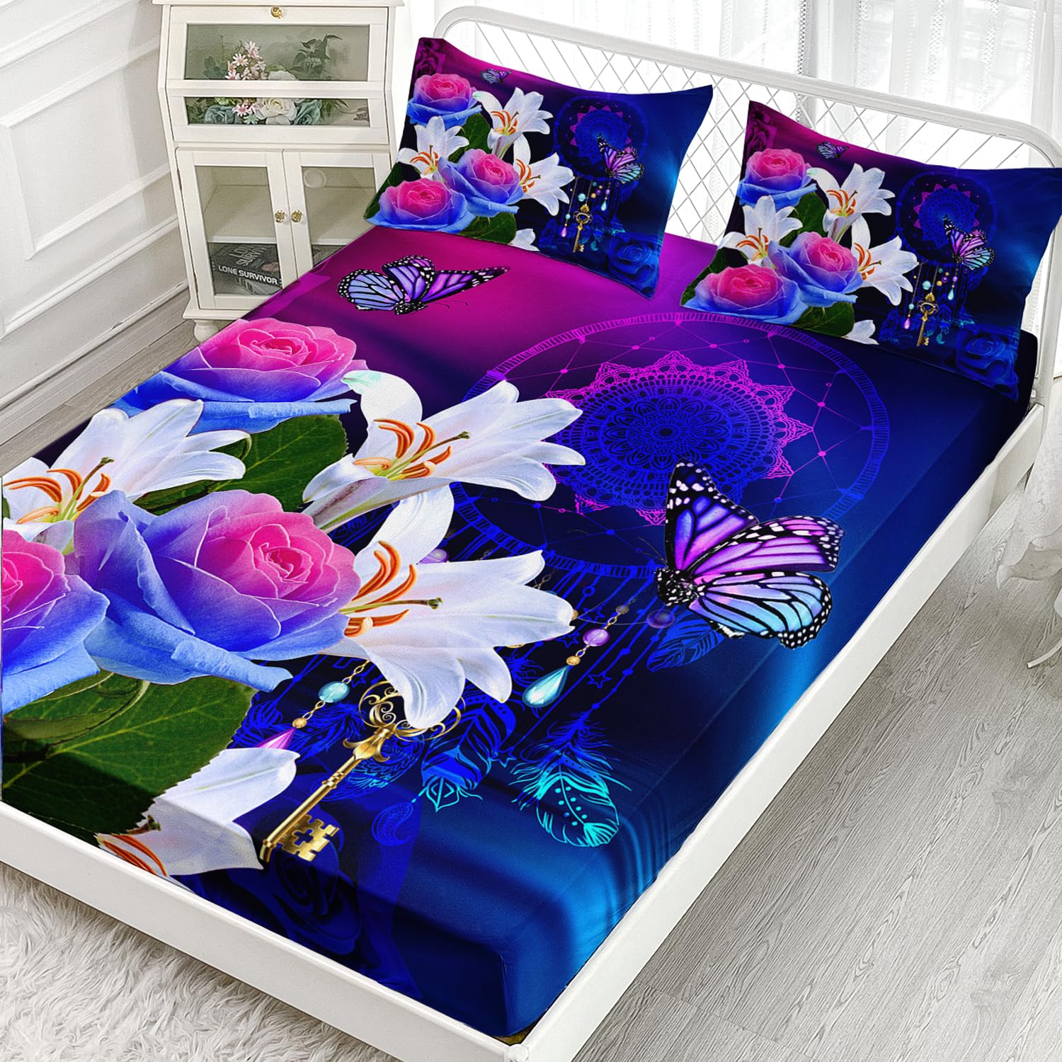 AILONEN 3D Oil Rose Fitted Sheet Queen Size, Blue and White Flowers with Butterfly Bedding Set for Girls Women,Bohemian Style Bed Sheet Set,3 Pieces,1 Fitted Sheet and 2 Pillowcases