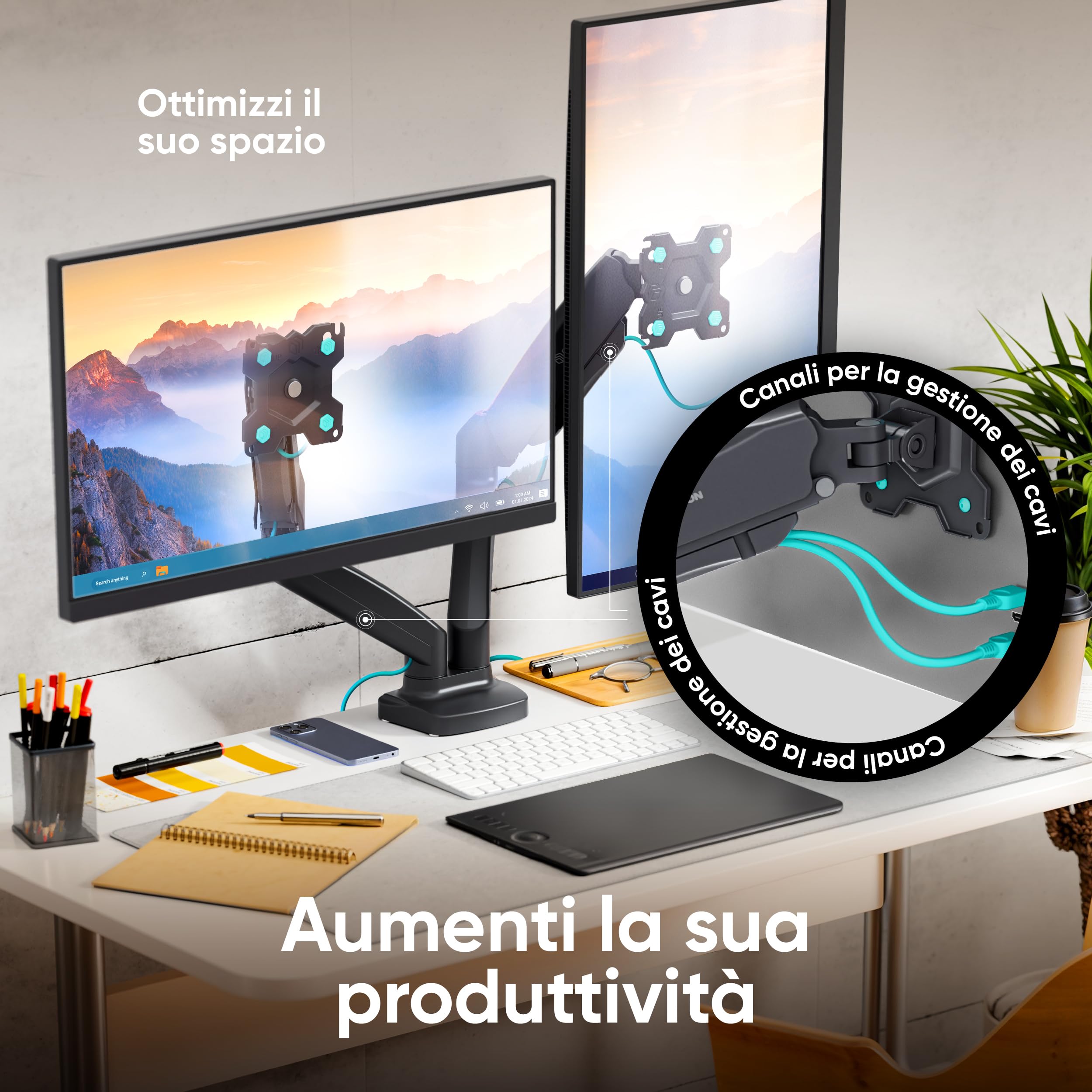 ONKRON Supporto Monitor Doppio Nero da 13 a 32 pollici - Staffa Monitor Scrivania con Carico Totale 16 kg - Porta Schermo PC da Scrivania max VESA 100x100 - Base Doppio Schermo PC Inclinabile G160-B