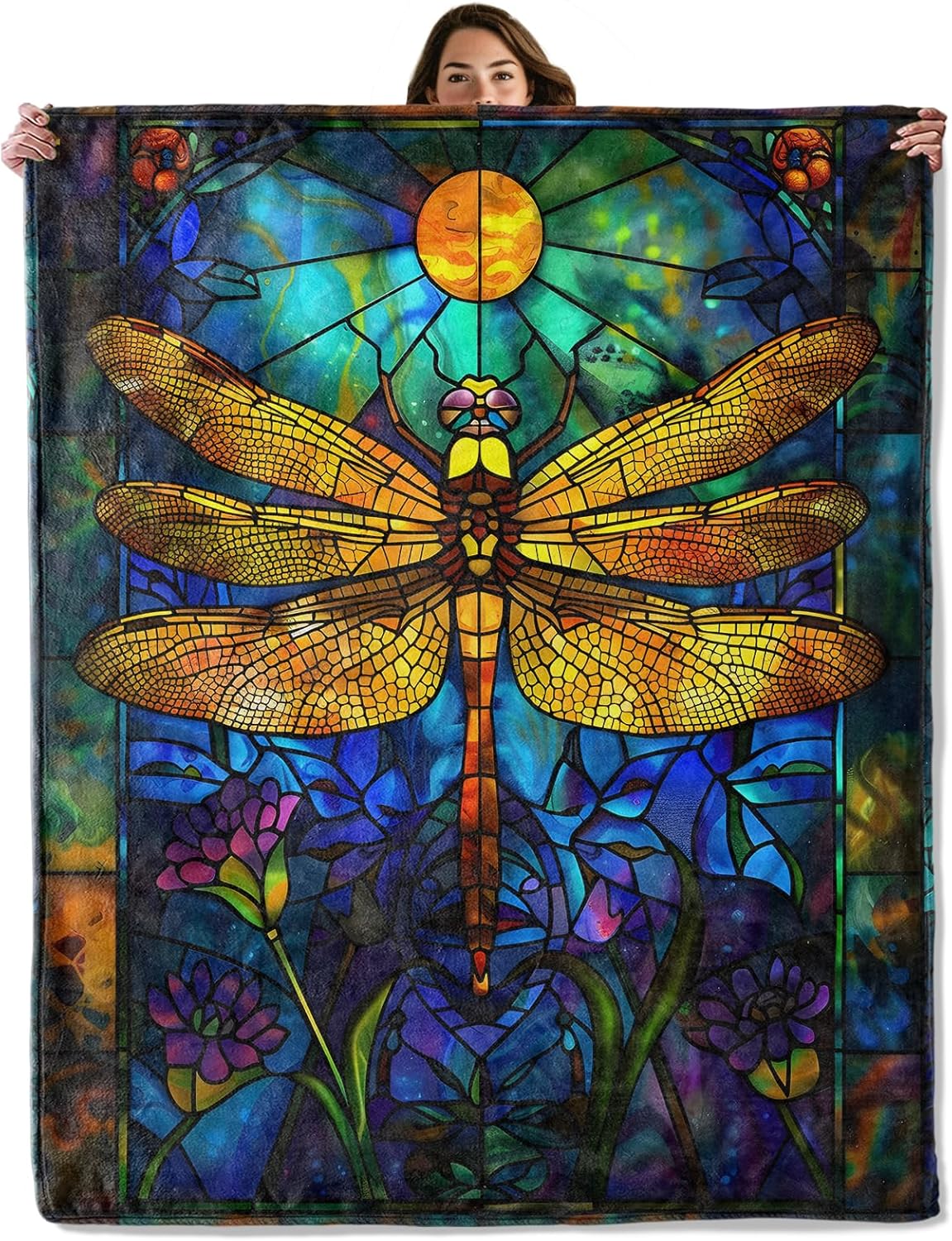 Stained Glass Dragonfly Throw Blanket for Boys Girls Kids Adults Women, Fuzzy Warm Soft Cozy Flannel Blankets Gifts for Bedroom, Couch, Travel, Home Decor 60x80 in