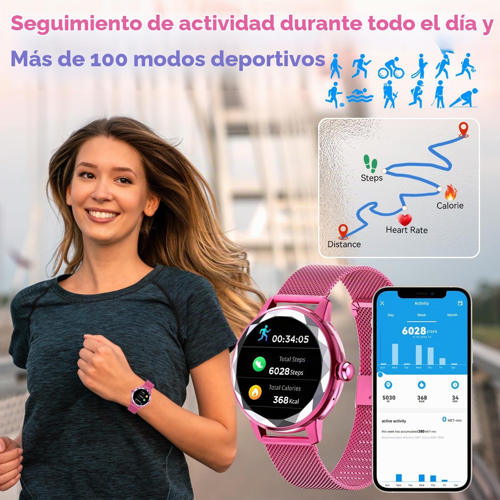 Reloj Inteligente Mujer, Pantalla de 1,2 Pulgadas
