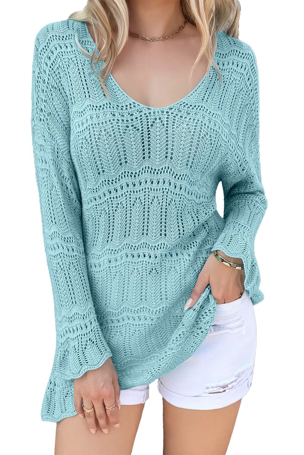SHEWIN Women 3 4 Length Sleeve Tops Summer Openwork Dressy Sweater 2026