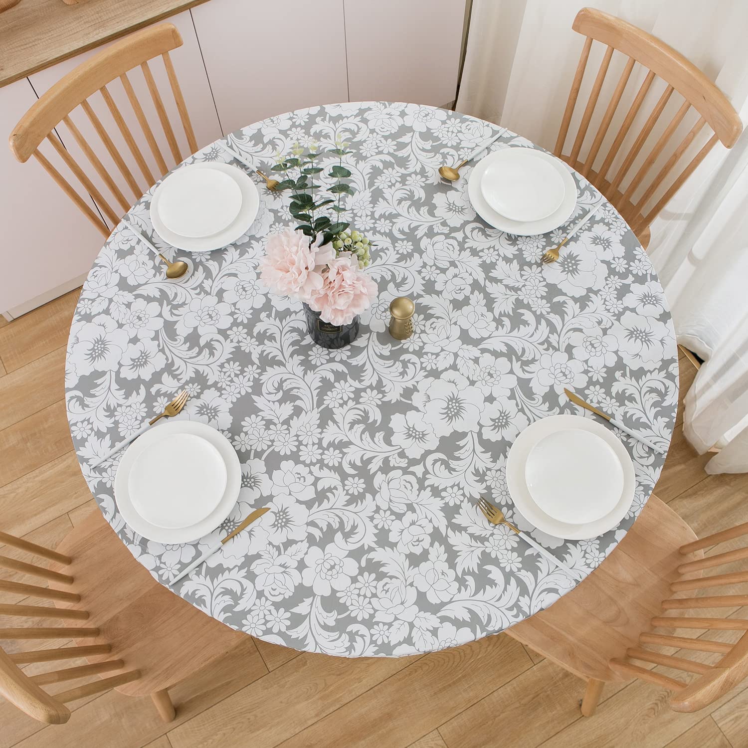 NLMUVW Round Fitted Vinyl Tablecloth with Elastic Edge 100% Waterproof Oil Proof PVC Table Cloth Wipe Clean Table Cover for Indoor and Outdoor, Grey Flower, 40"- 44" โ image 1