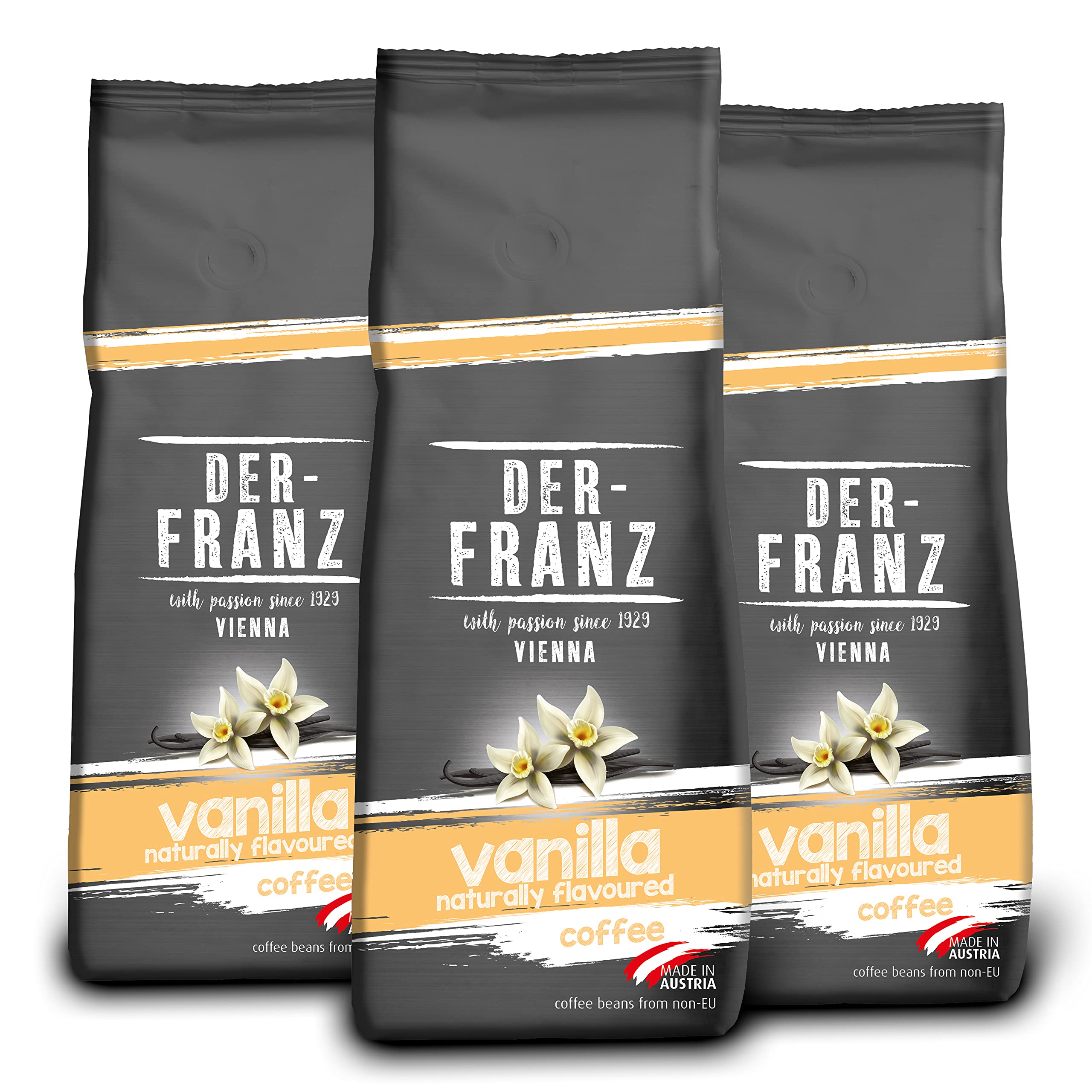 Der-Franz Kawa, aromatyzowana wanilią, intensywność 3/5, ziarna kawy Arabica i Robusta, 3 x 500 g