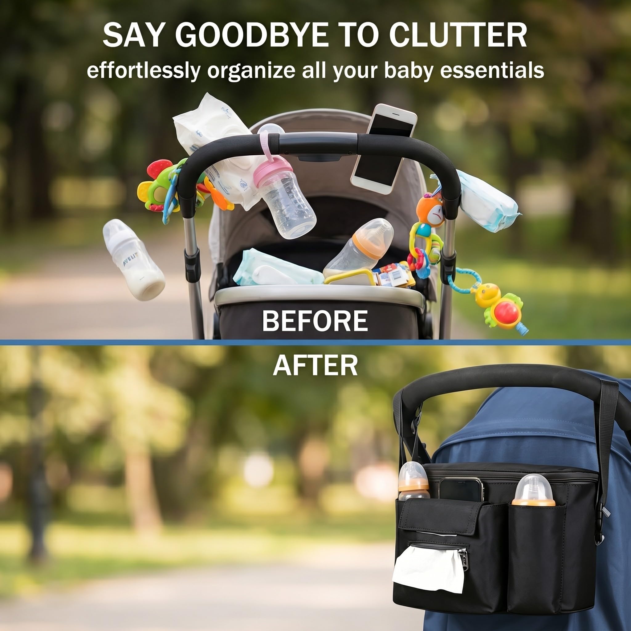 Bolsa carro bebe, bolsa universal para cochecito con compartimento con cremallera y correa ajustable para el hombro, práctica bolsa para guardar pañales, biberones y teléfonos inteligentes.