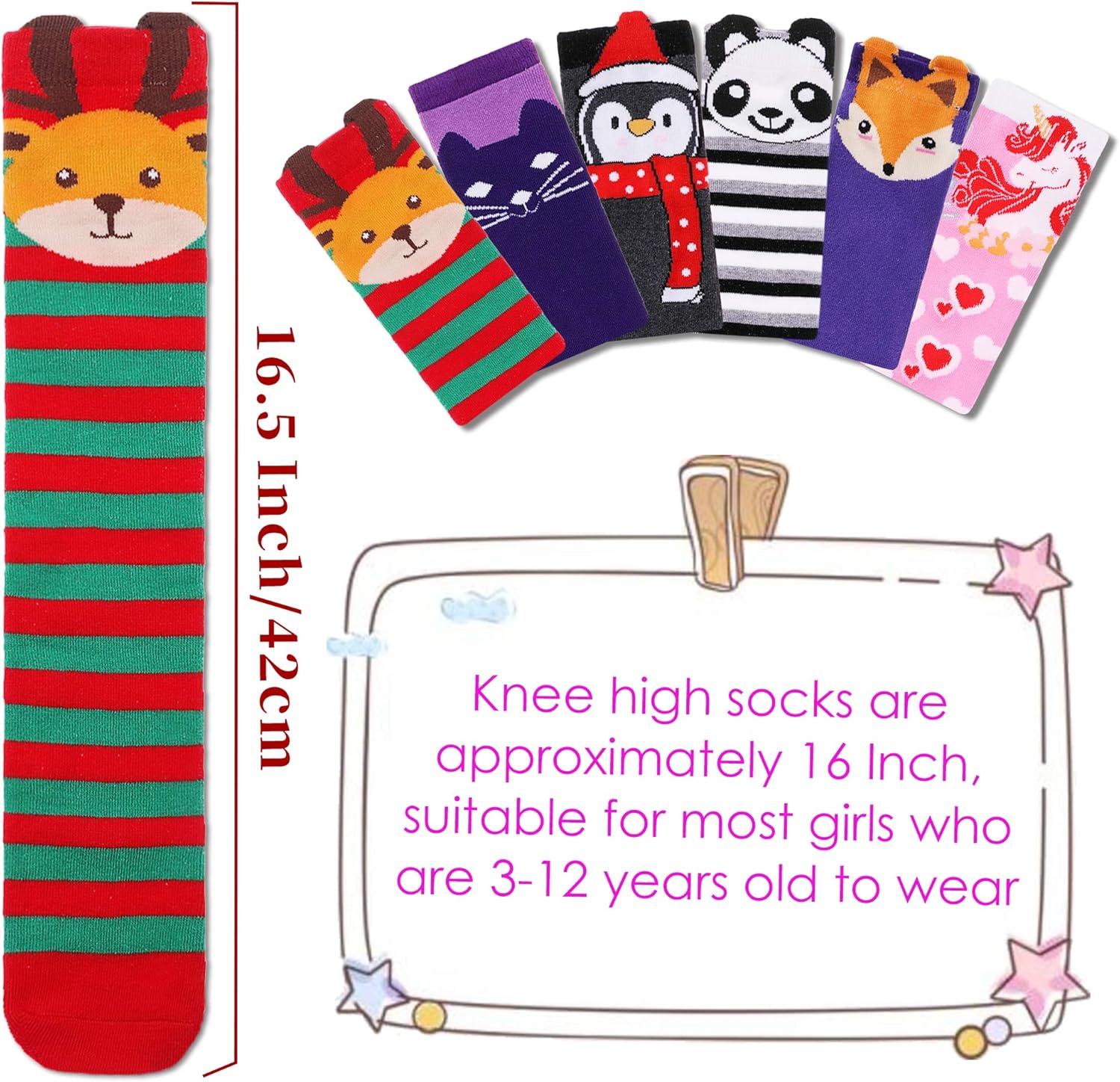 FNOVCO Girls Knee High Socks Kids Crazy Fun Gift Cute Animal Patterns Cotton Long Socks 6 Pairs - Image 4