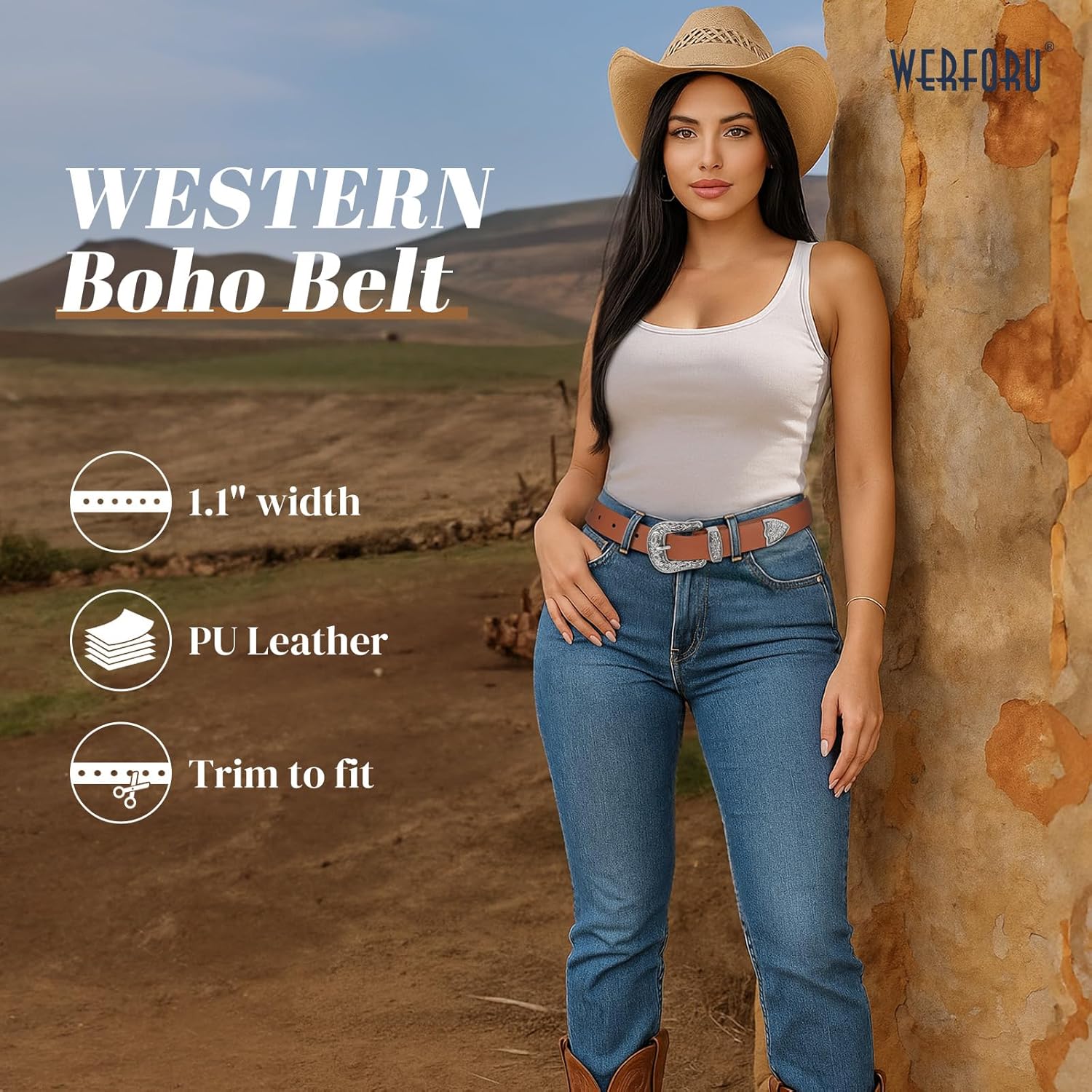 WERFORU Western Belt For Women,Cowgirl Cowboy Belt For Jeans Pants With Silver Vintage Western Buckle - Image 2