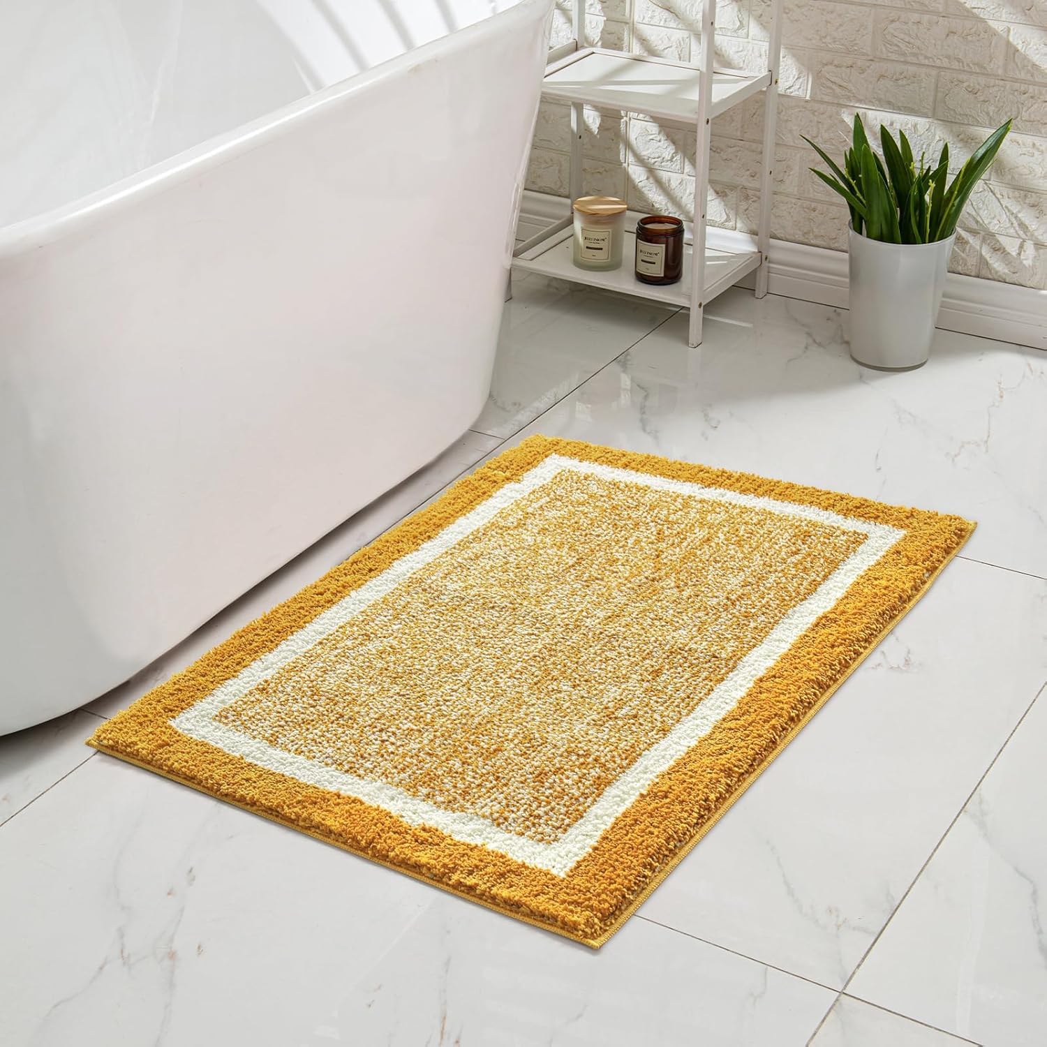 Alfombrilla de ducha lavable con borde amarillo para baño y dormitorio