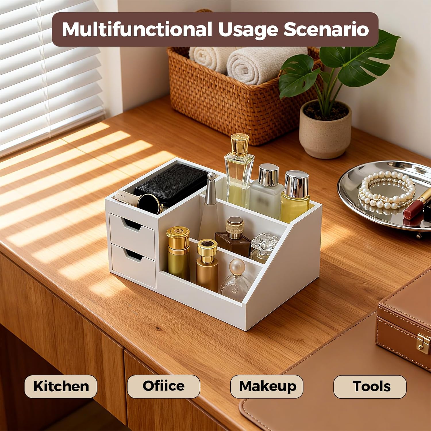 Countertop Perfume & Makeup Organizer - Wooden Rack, Cologne Stand Shelves & Skincare Organizer for Bedroom Dresser, Organizador de Perfumes Estante para Perfumes (Middle, 01) (White, 01)