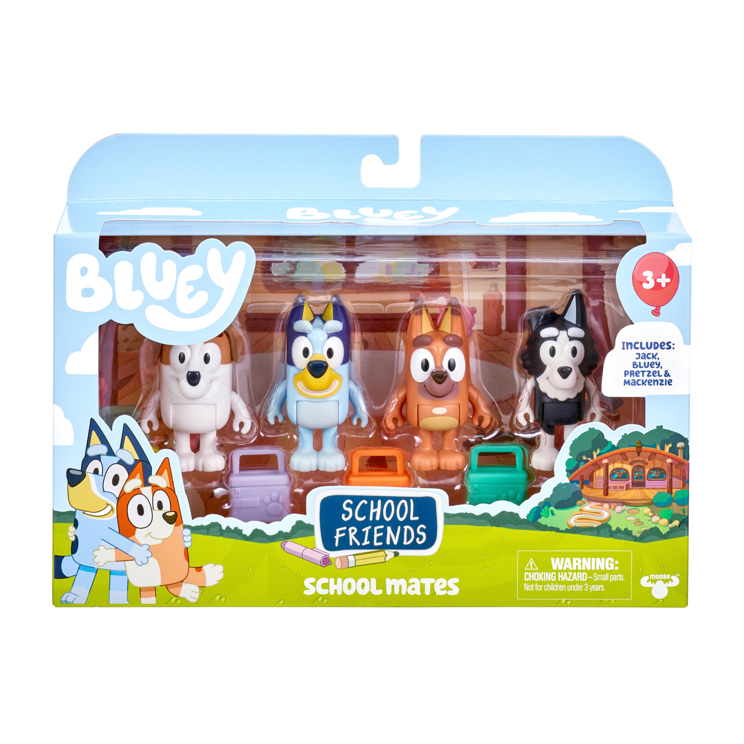 Bluey School Mates 4 Pack; Official 2.5-3 inch Collectable Bluey Action Figures Including Jack, Pretzel and Mackenzie with their own Lunch Box Accessories (17339)