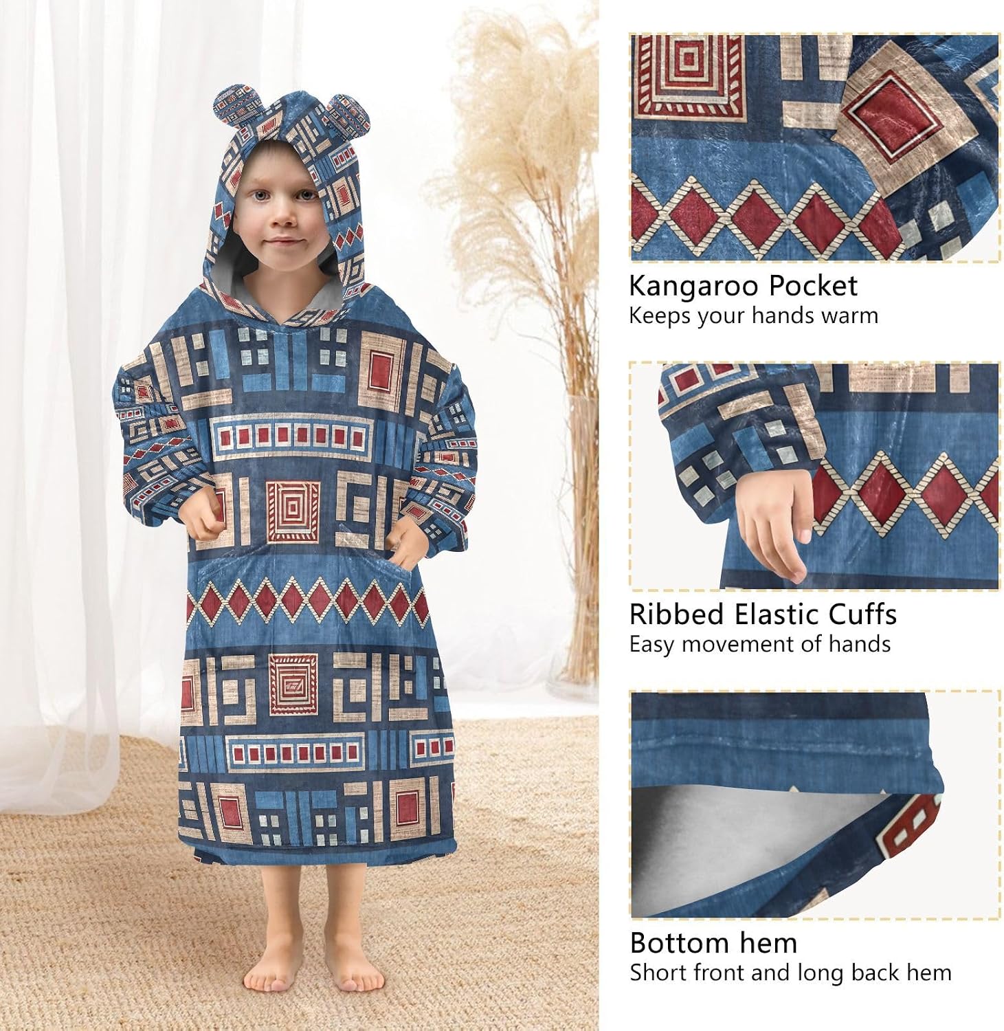 Kigai Ethnic Printing Wearable Blanket Hoodie for Kids Oversized Hooded Blanket Warm & Cozy Sweatshirt with Pockets