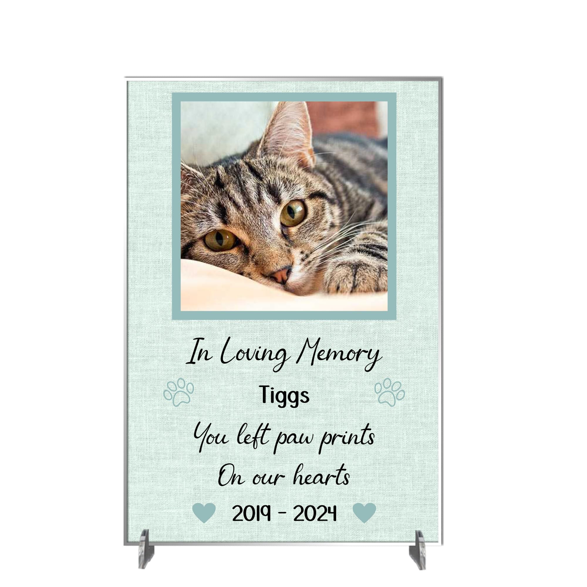 Personalised Pet Bereavement Photo Plaque - "Paw Prints on Our Hearts" Custom Memorial, Available in MDF or Acrylic, Size 148mm x 210mm (Acrylic 21cm x 15cm, Mint)
