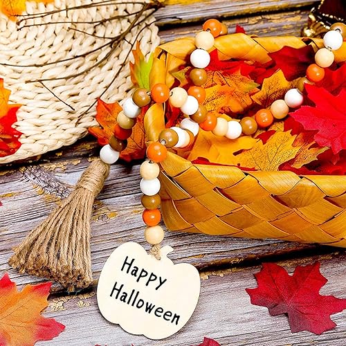 Miniatura 8 de 2 guirnaldas de cuentas de madera de Halloween, hojas de arce y calabaza, cuentas de oración de madera de otoño, guirnalda rústica para bandeja