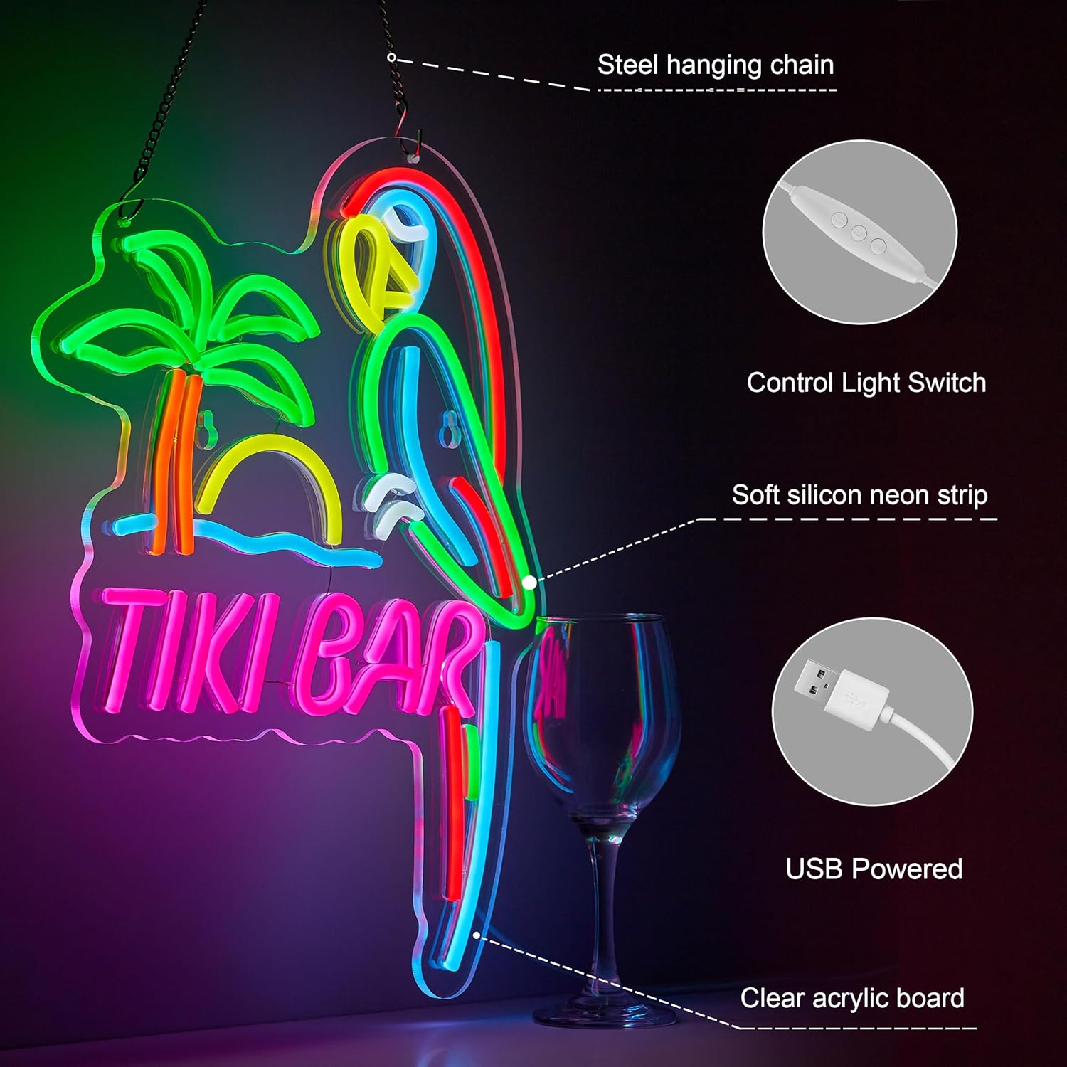 ZODZ Tiki Bar Parrot Neon Light Sign for Wall Décor Hawaii Pool Tiki Bar Party Dimmable Switch LED Lights with USB Powered for Man Cave Decor Gift. - Image 3