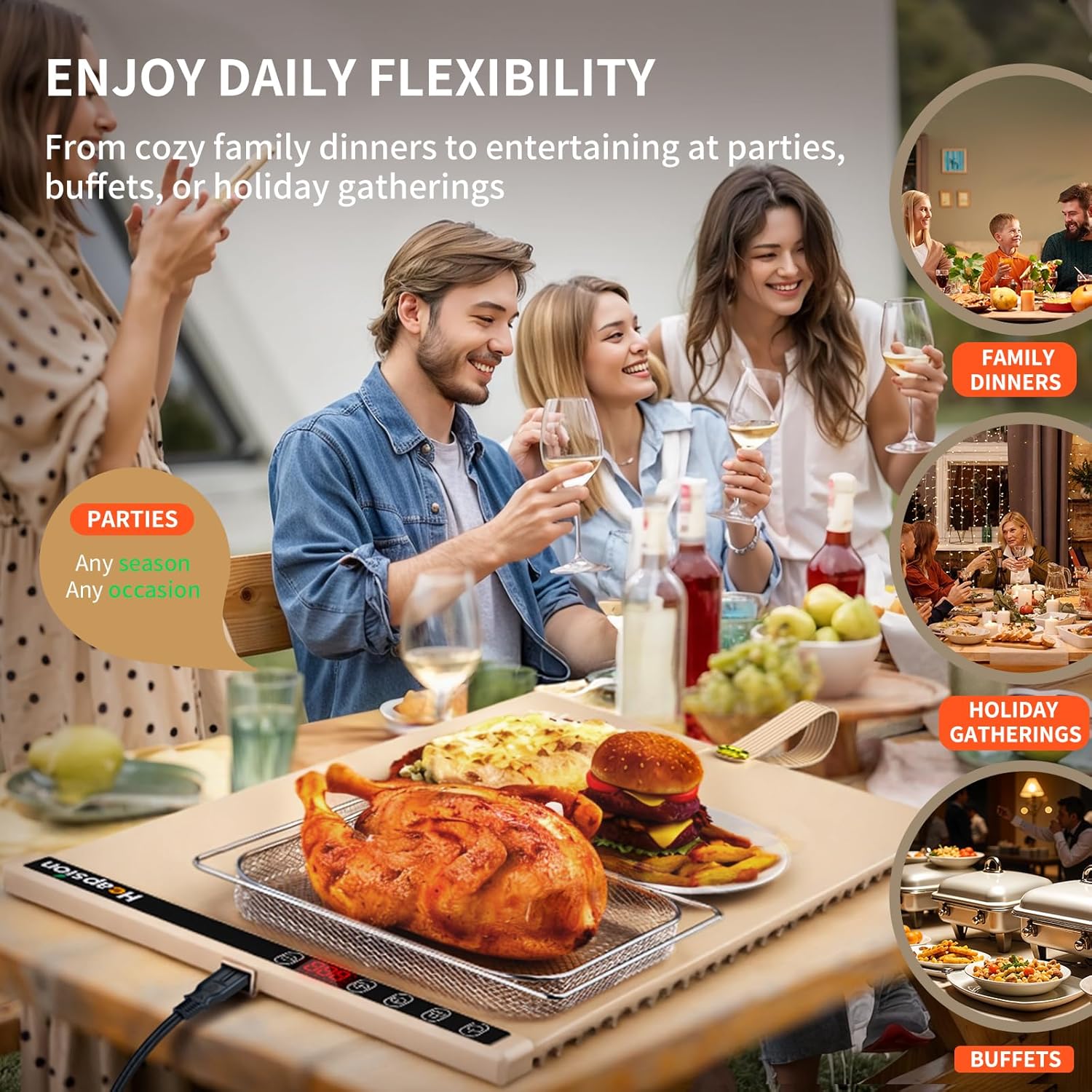 Heapsion Food Warming Mat, Electric Plate with 6 Level Temp 5 Hour Timer, 24x15'' Roll-Up Portable Warming Tray for Dinner Parties, Gatherings, and Holidays (Beige)