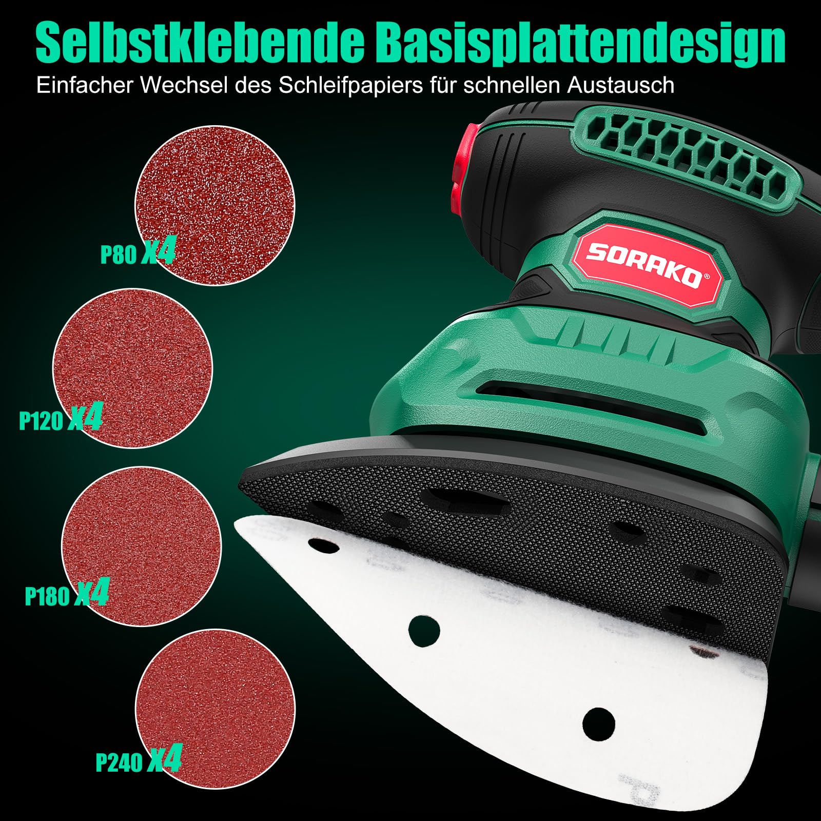 SORAKO Deltaschleifer 220w 14000 OPM 230V Holzschleifer Mit Staubsammler Und 16 SchleifpapierbläTtern (KöRnung 80/120/180/240), Sehr Gut Geeignet Zum Schleifen Und Polieren Auf Kleinem Raum