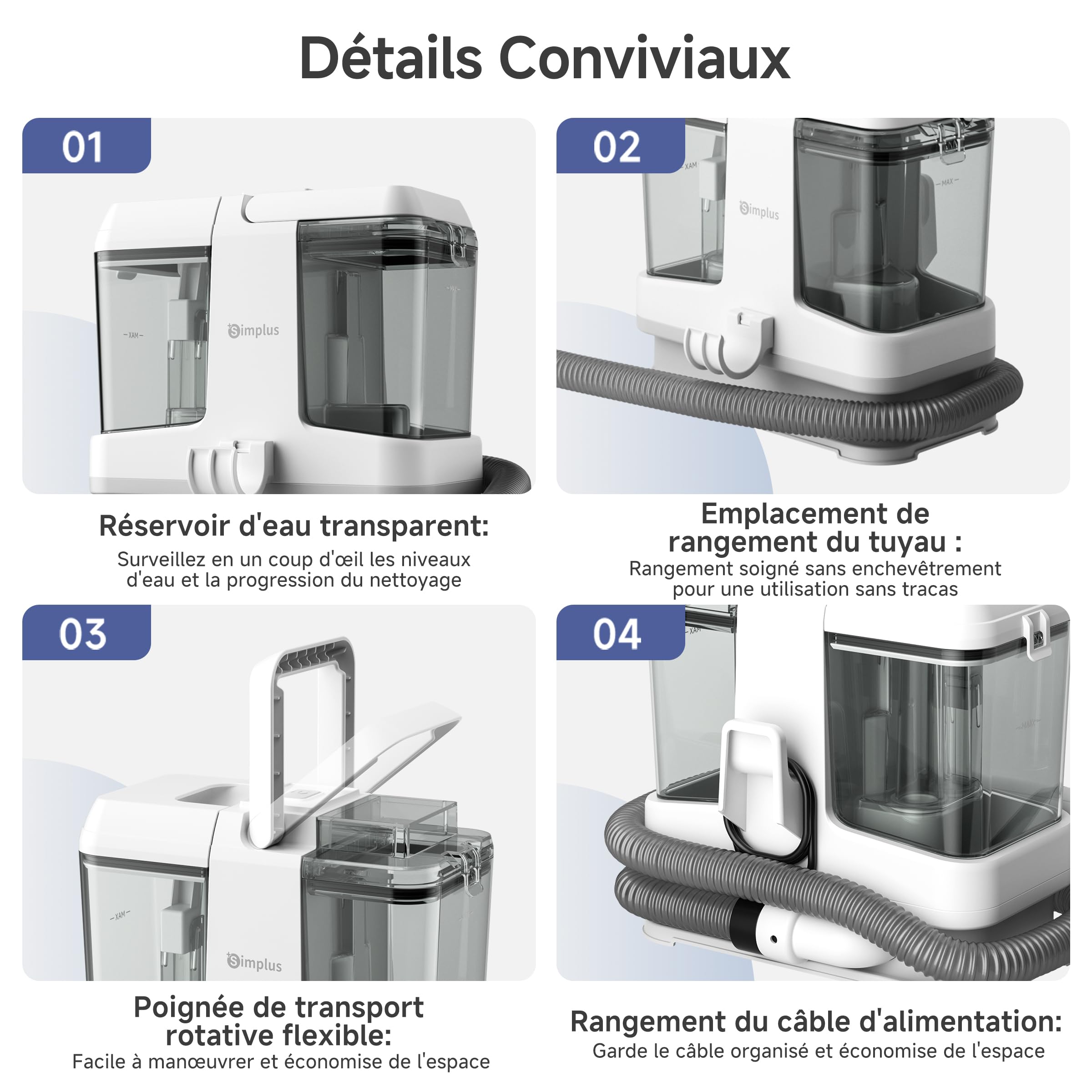 SIMPLUS Shampouineuse Canapé avec Fonction Autonettoyante, Nettoyeur Tissus Puissant 15000Pa, Idéal pour Poils d’Animaux, Nettoyeur Tapis/Matelas/Voiture/Moquettes, Réservoir Double