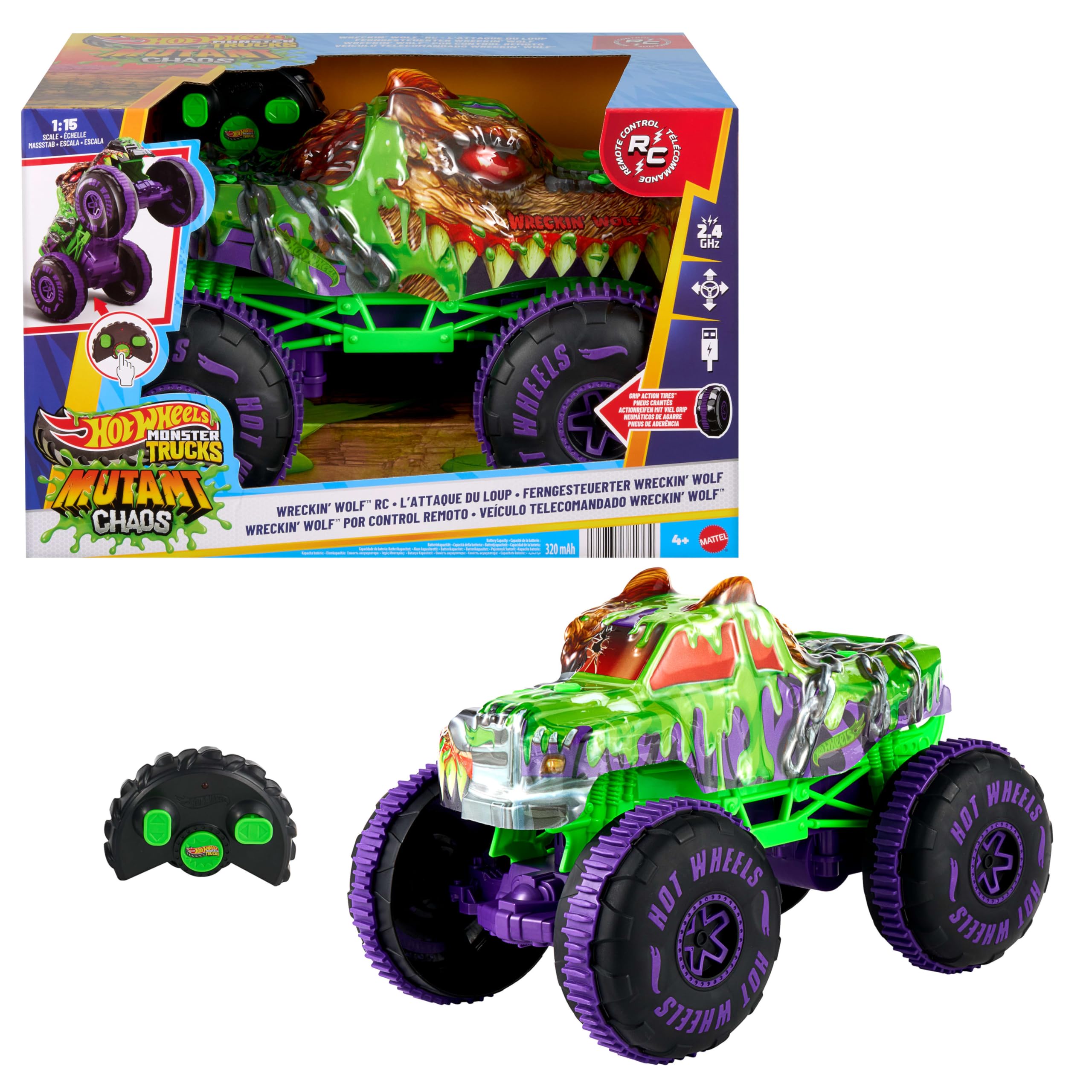 Hot Wheels Toy Monster Trucks, Remote-Control Wreckin’ Wolf in 1:15 Scale, Mutant Chaos RC Vehicle with Off-Road Tires, On-Command Wheelie Stunts​​, JMM77