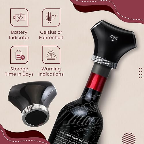 Miniatura 5 de Tapón inteligente recargable para botella de vino y conservador con 2 tapones, mantiene el vino fresco durante 3 semanas, bomba de vacío automática