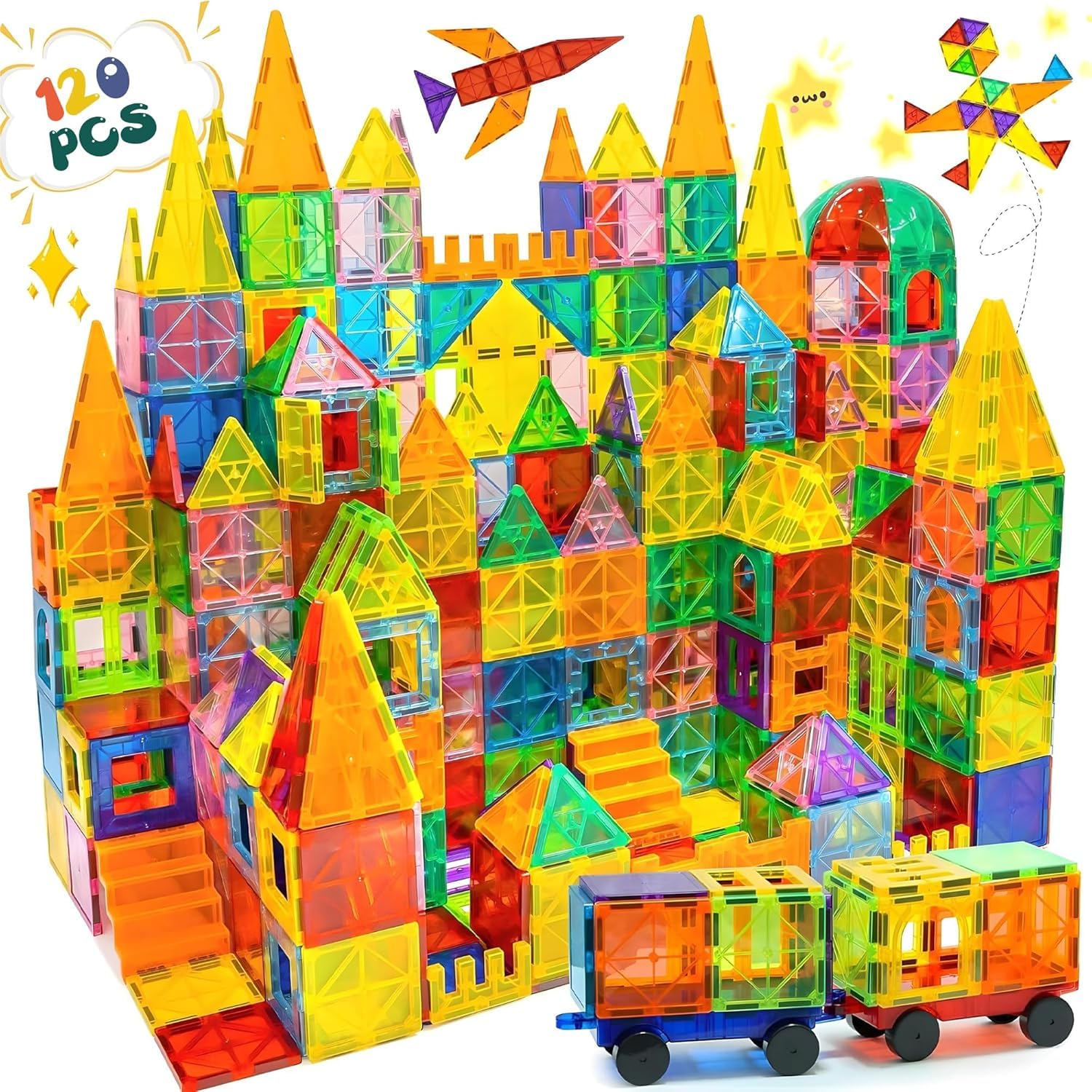 Olvy Magnet Blocks Montessori Toy - 120 MagneticsTiles for Kids - Magnetic Construction Toy for Ages 3 and Up - Smart Playground Blocks (120 Magnetic Tiles)