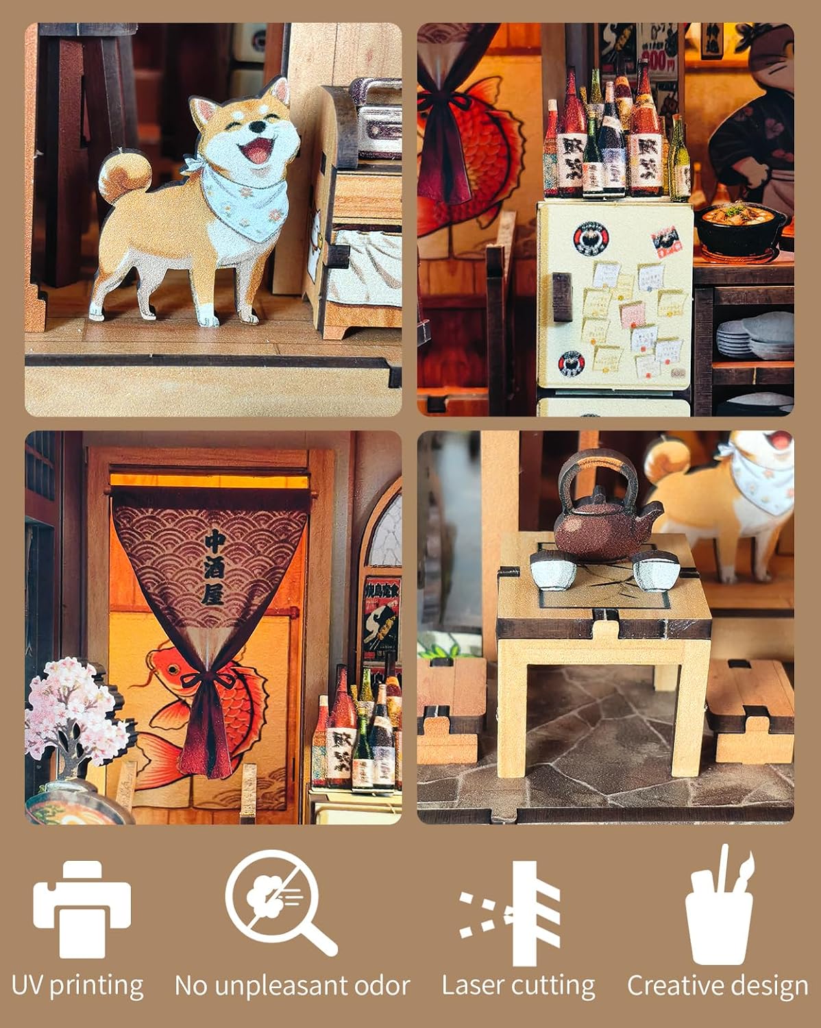 BELEEV Japanese Book Nook DIY Miniature House Kit with LED Light, Izakaya Yakitori Shop 3D Wooden Puzzle Model Kit for Adults Teens, Japanese Street Miniature Dollhouse Bookshelf Decor Craft Gift