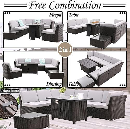 Miniatura 7 de iArtHand Juego de sofá de patio con mesa de fuego de propano de 46 pulgadas, mesa de centro, juego seccional para exteriores, juego de muebles de