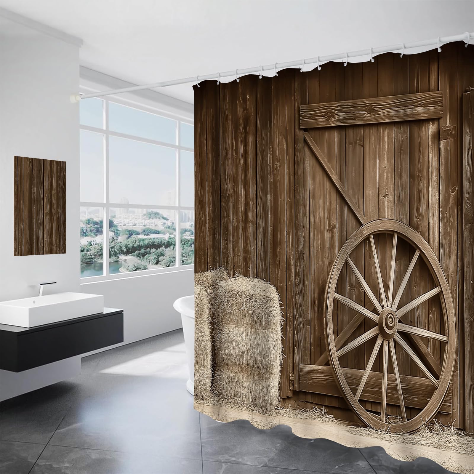 Rideau de Douche Porte En Bois À Roulettes Polyester Anti Moisissure Lavable Imperméable Tissu Rideaux de Douche Crochets en C Bâtiments Agricoles Salle de Bain Domicile Baignoire Cabine,Hôtel Tanné