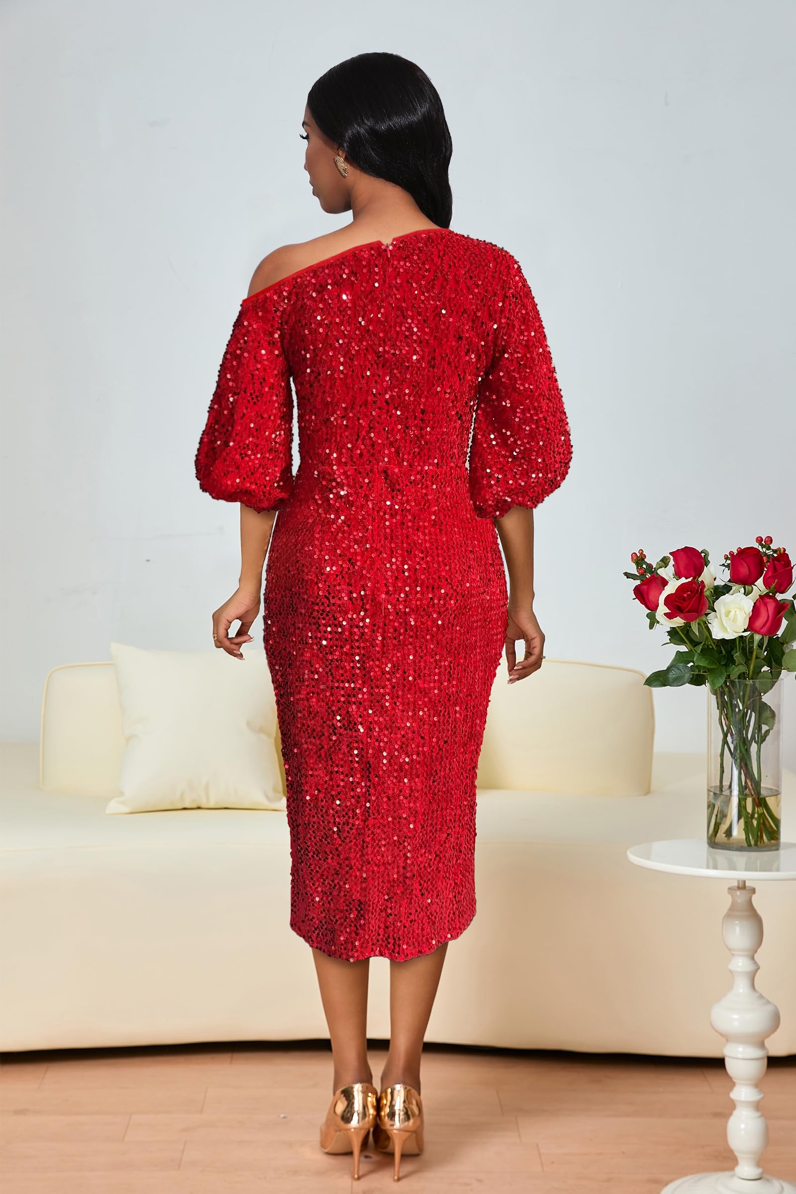 VERWIN Abito da donna obliquo monospalla con paillettes, elegante, per feste, cocktail, maniche a sbuffo