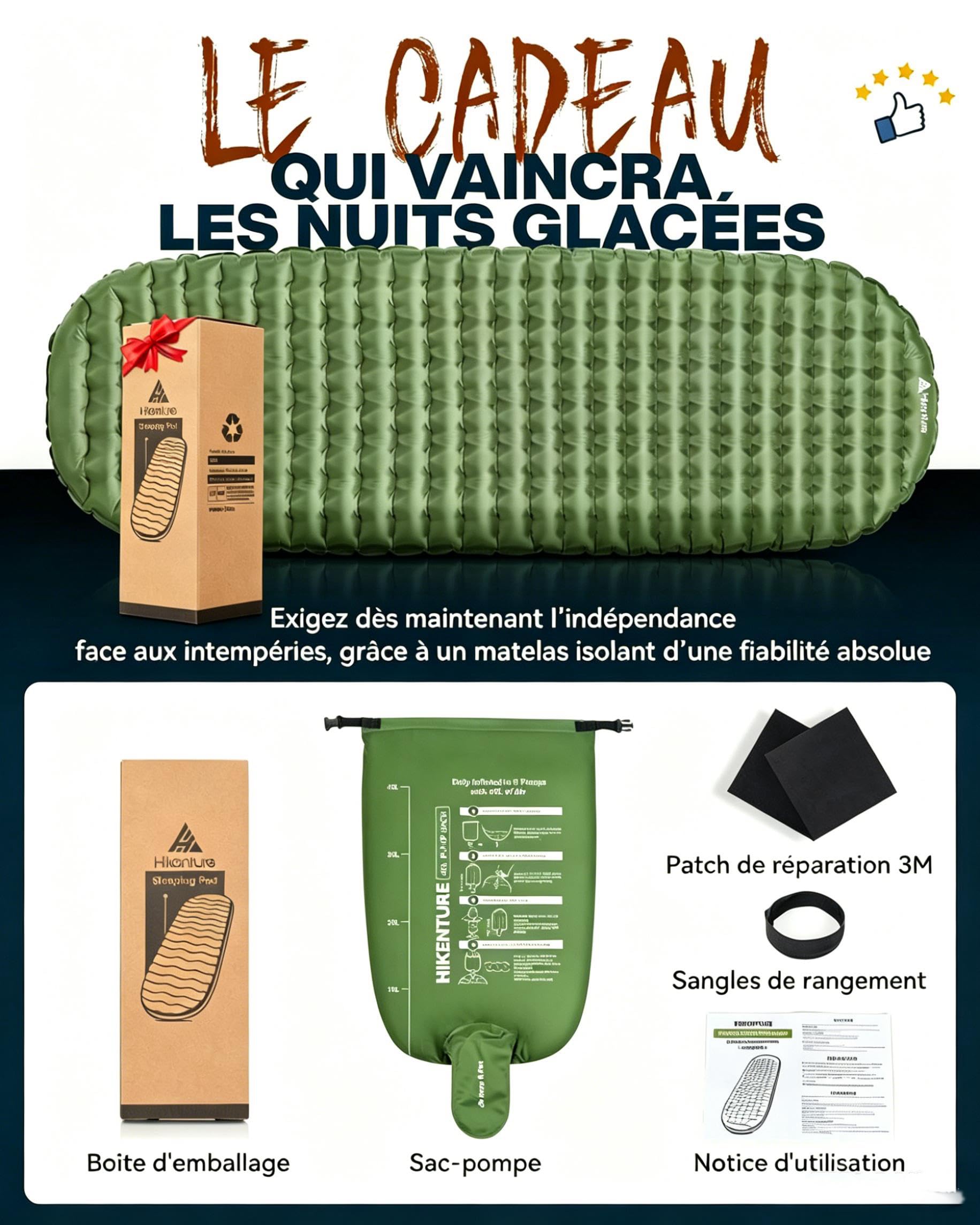 HIKENTURE Valeur-R 6.2 Matelas de Camping Ultra-léger 1 Personne Épais 8cm | Compact, Isolation 4 Saisons (-20℃) - Matelas Autogonflant avec Sac de Pompe - Pour Camping, randonnée, bivouac, tente - Vert