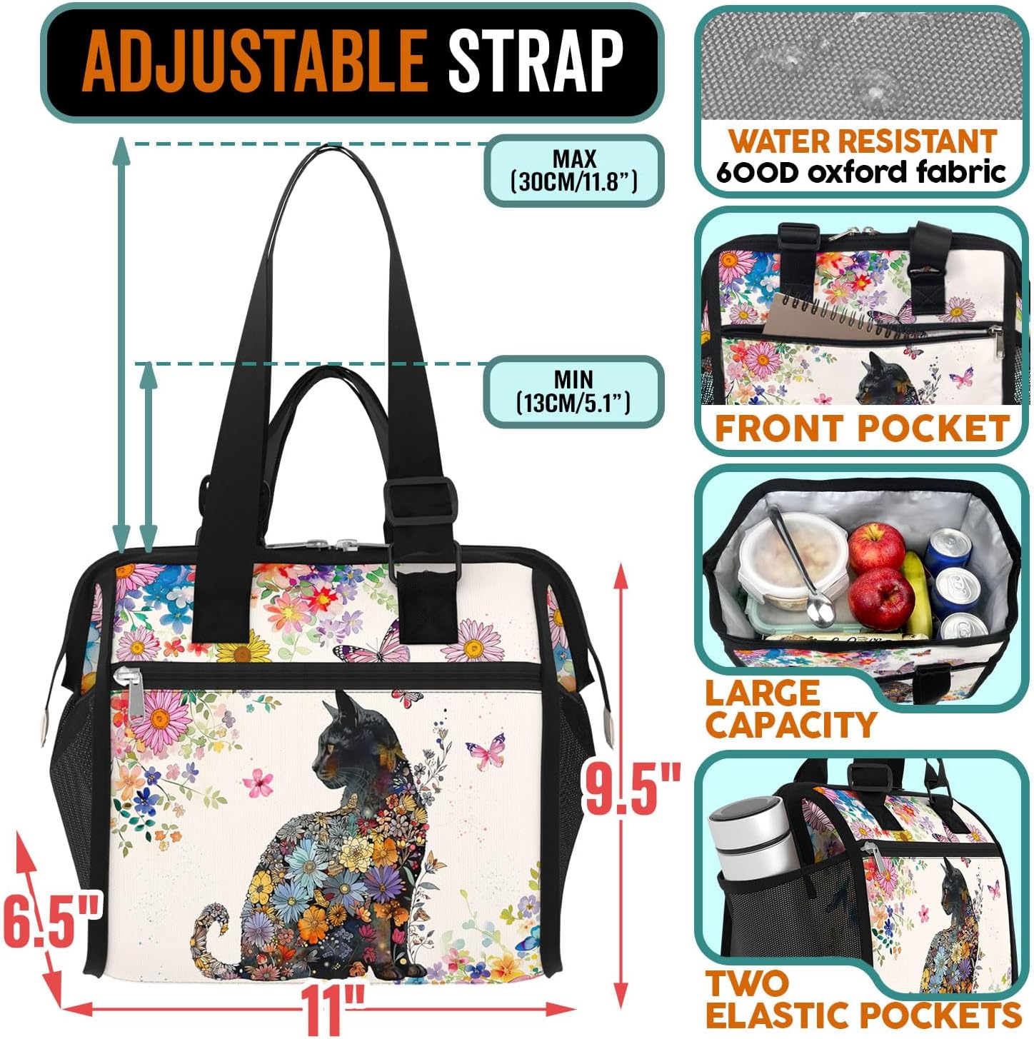 84hoods Insulated Lunch Bag for Women. Gift for Cat Lovers. Large Lunch Box for Work Office Travel Picnic with Adjustable Strap. Flower Pattern. - Image 2