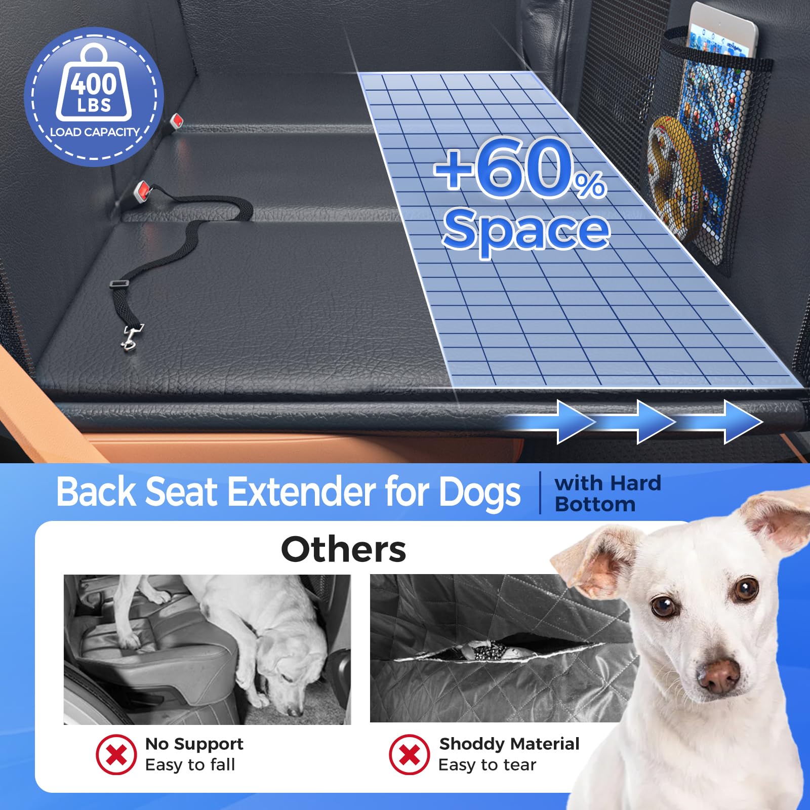 Back Seat Extender for Dogs, Hard Bottom Dog Car Seat Cover for Truck Back Seat, Upgraded PU Leather Dog Hammock for Car, Waterproof, Anti Scratch, Larger Space, Holds 400lbs - image 2